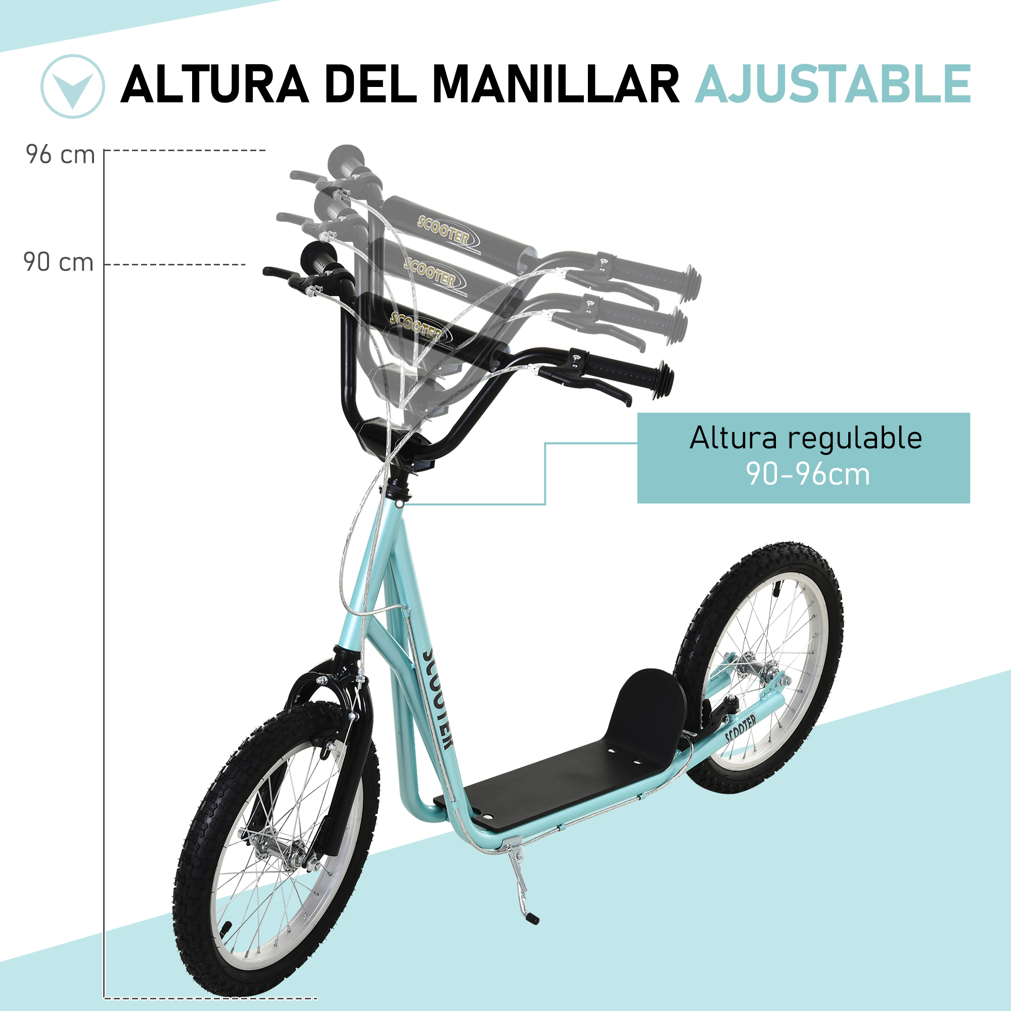 Patinete azul claro con manillar negro ajustable de 90 a 96 cm, ruedas de radios y pata de cabra.