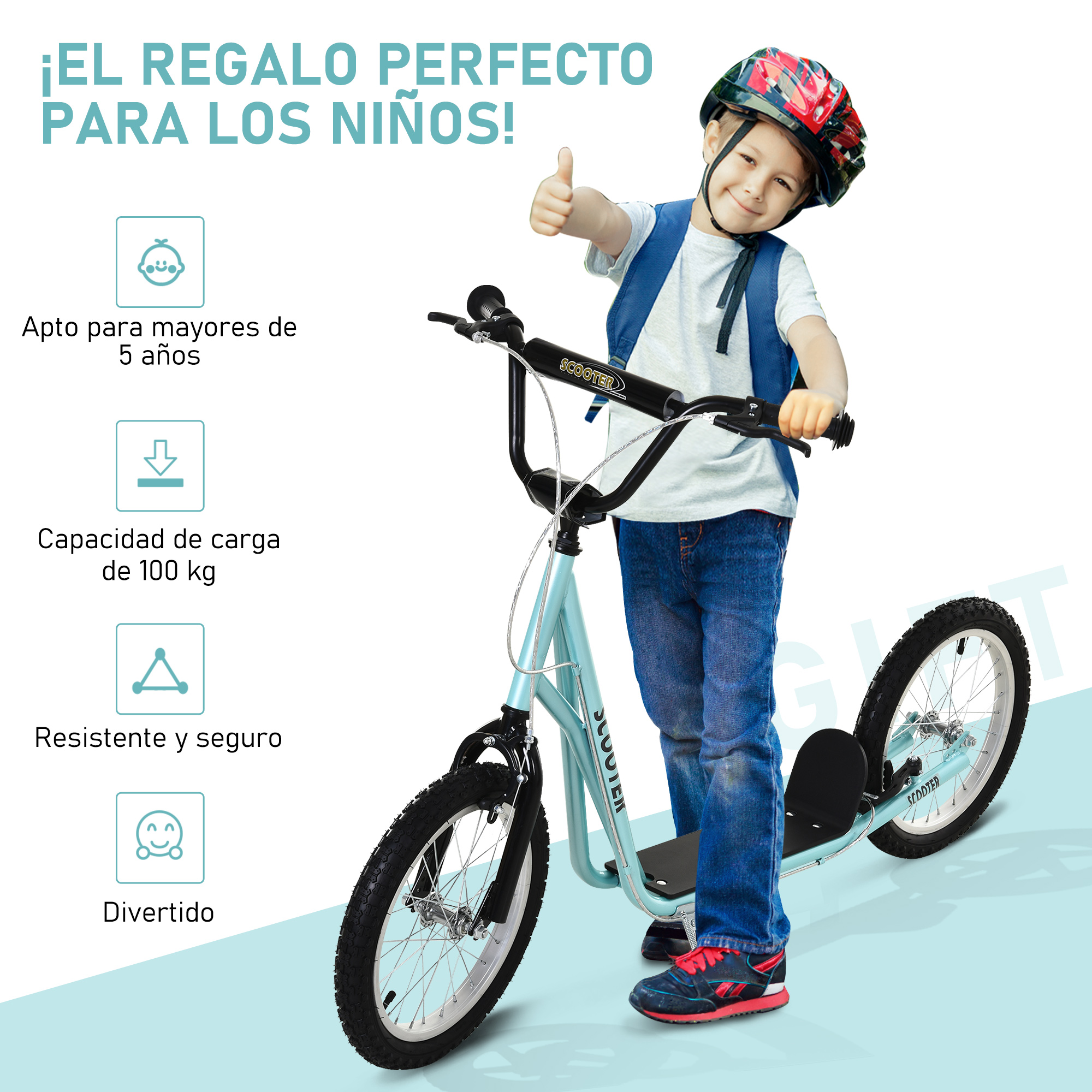 Niño con casco y mochila monta en un patinete azul claro, haciendo pulgar arriba.