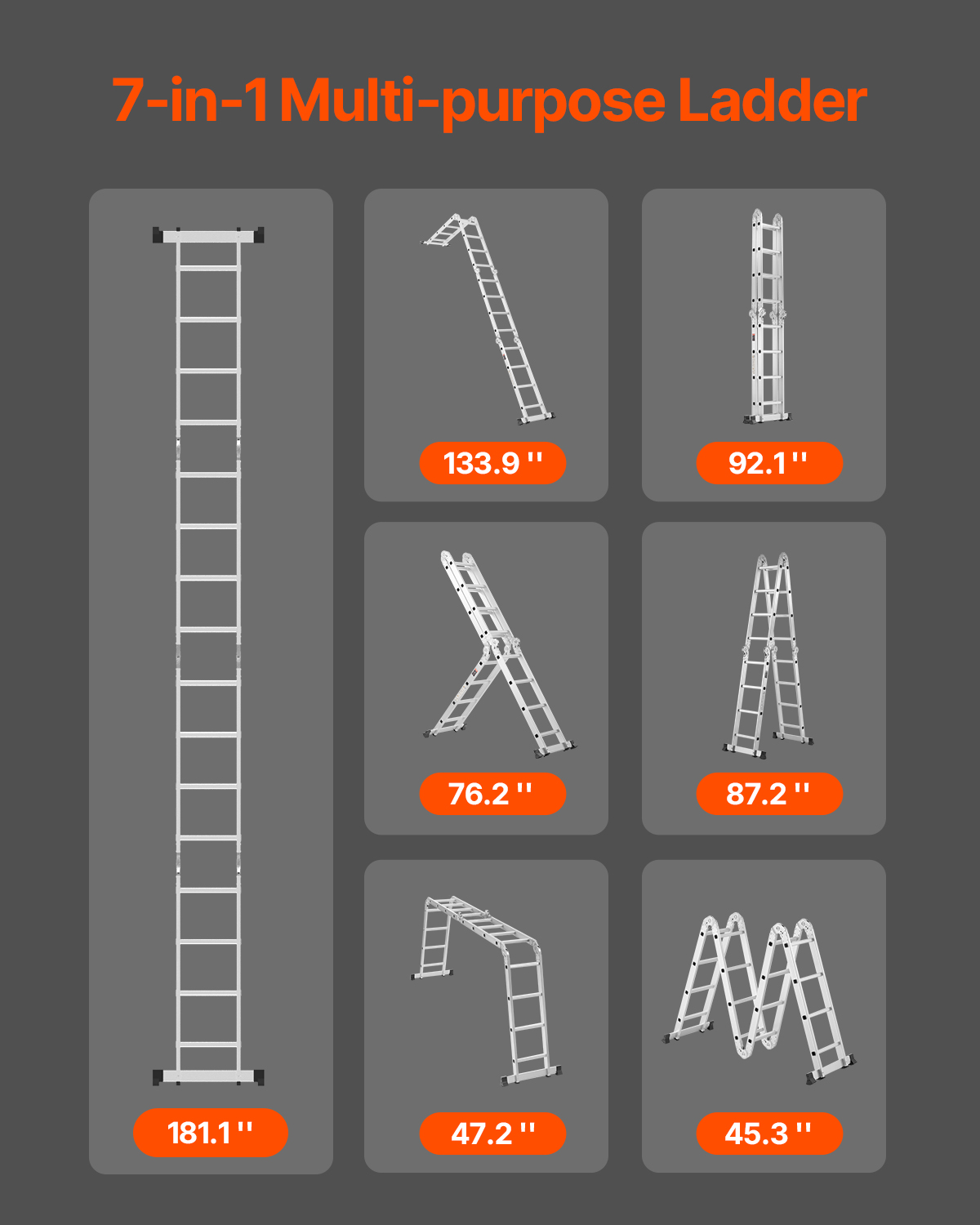 Diagrama que muestra siete configuraciones y dimensiones diferentes de una escalera multiusos.