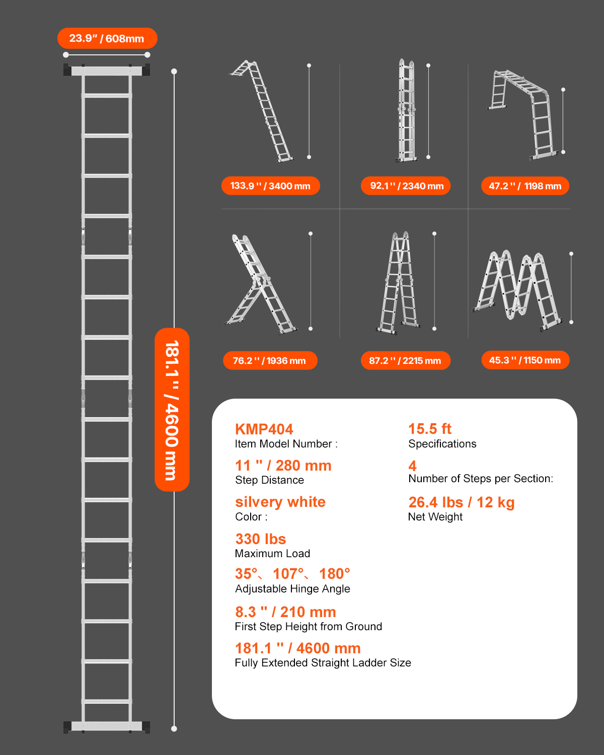 Diagrama que muestra varias configuraciones, medidas y especificaciones de una escalera multiusos plateada.
