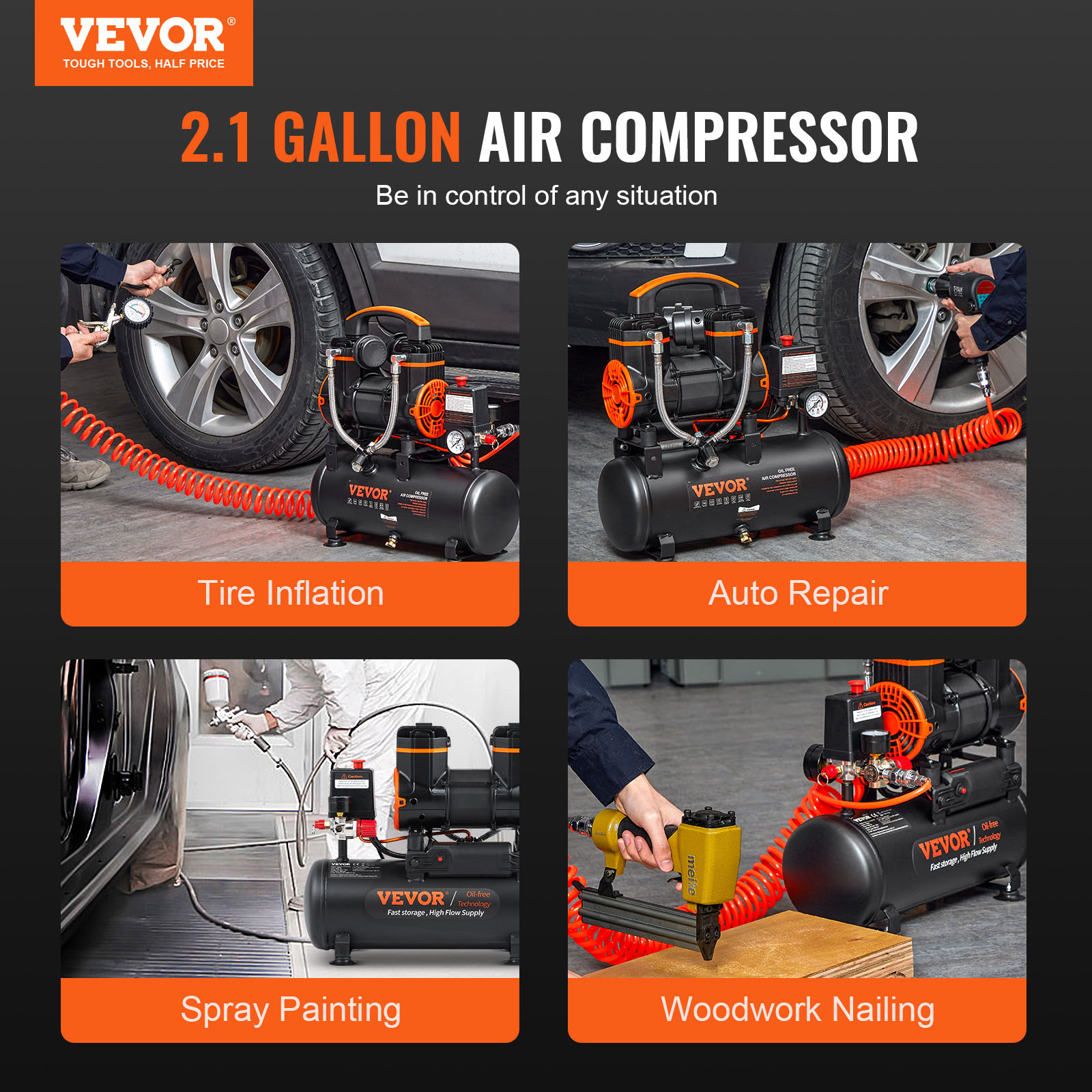 Compresor de aire Vevor negro y naranja de 2.1 galones en cuatro usos: inflado de neumáticos, reparación de autos, pintura y clavado.