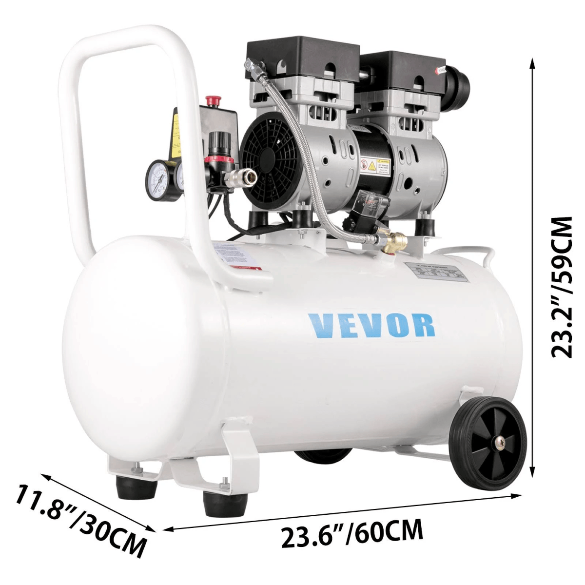 Un compresor de aire VEVOR blanco con dos motores negros, ruedas y flechas de dimensiones.