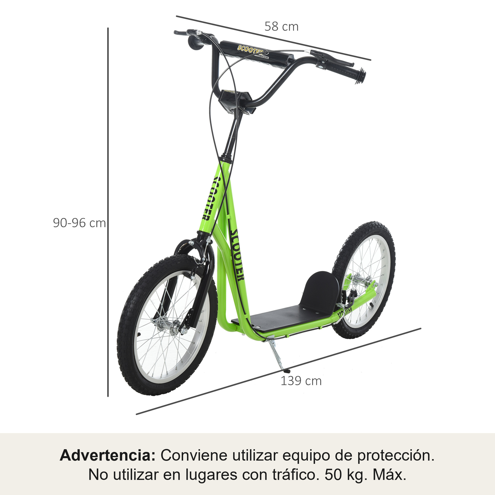Patinete verde y negro con ruedas grandes y dimensiones indicadas en centímetros, sobre fondo blanco.