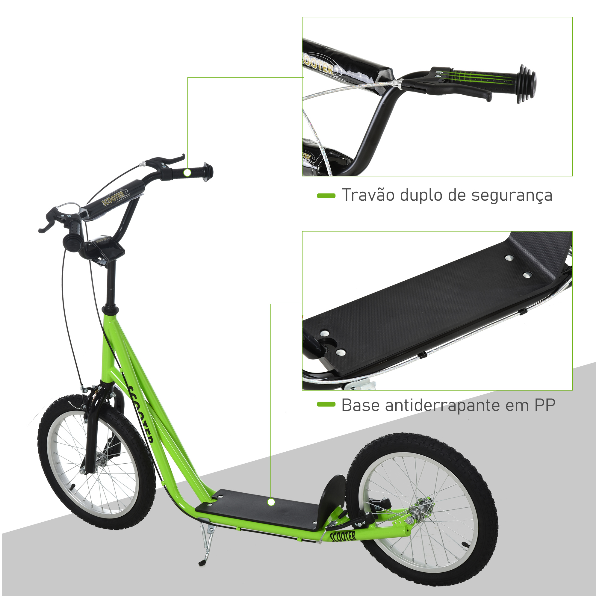 Patinete verde brillante con manillar y base negros, dos fotos detalladas muestran el freno y la base antideslizante.