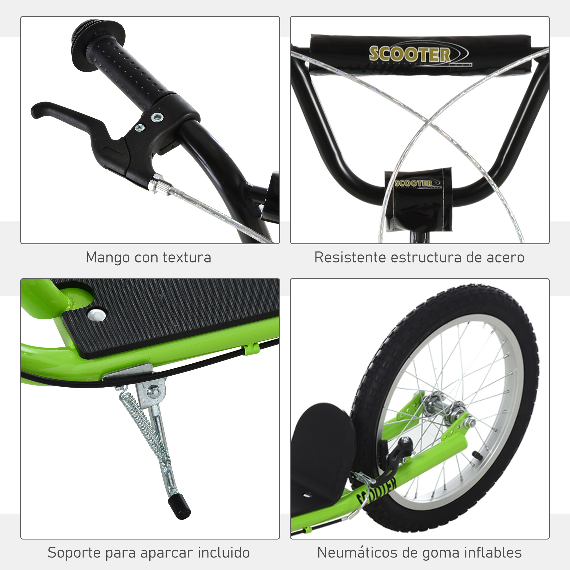 Cuatro paneles de primer plano de un patinete verde que muestran manillar, estructura de acero, pata de cabra y neumático.
