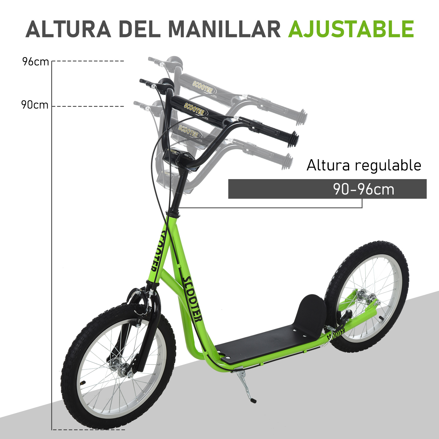 Un patinete verde con ruedas grandes, manillar negro y altura ajustable de 90 a 96 cm.