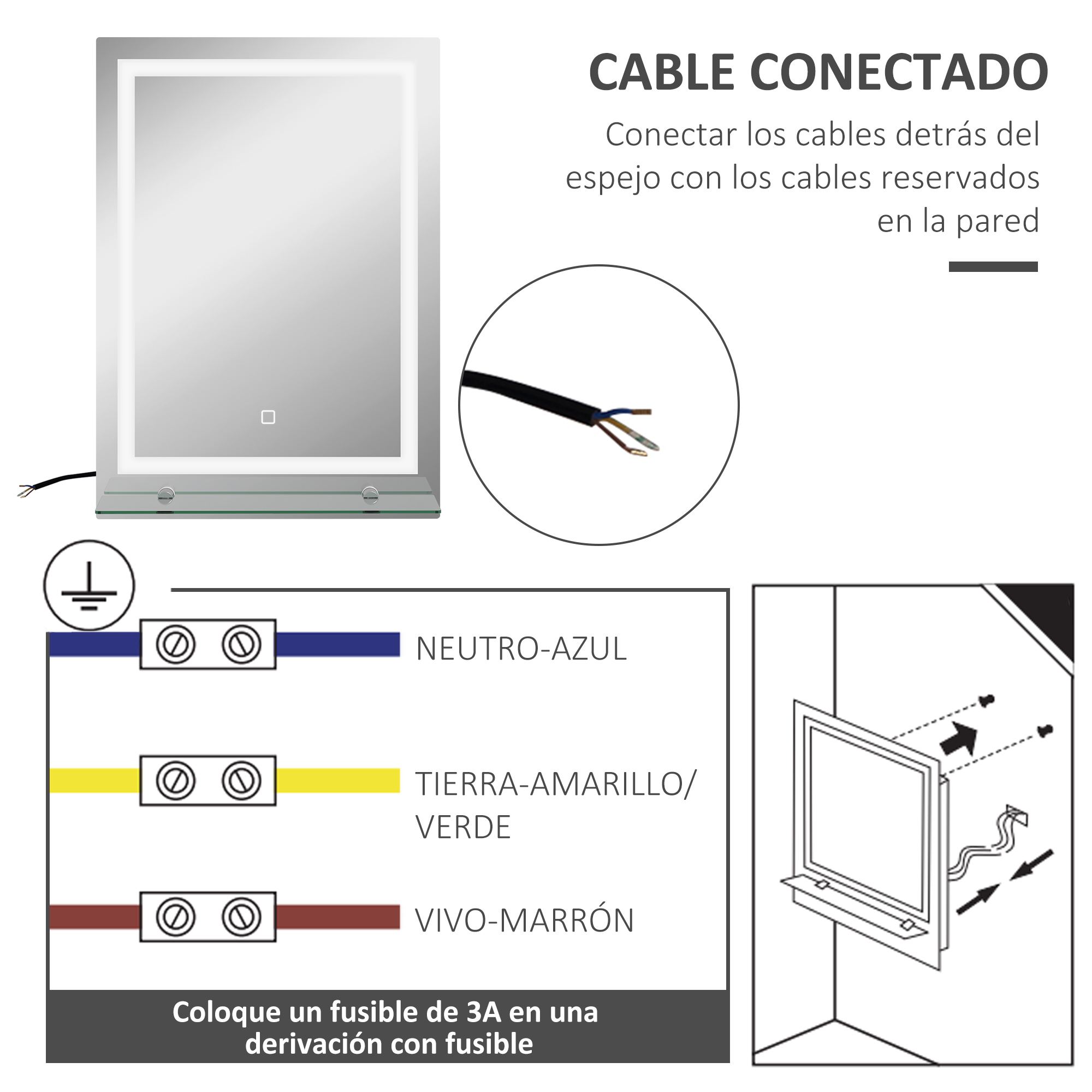 Guía de instalación para espejo LED con diagramas de cableado y montaje.