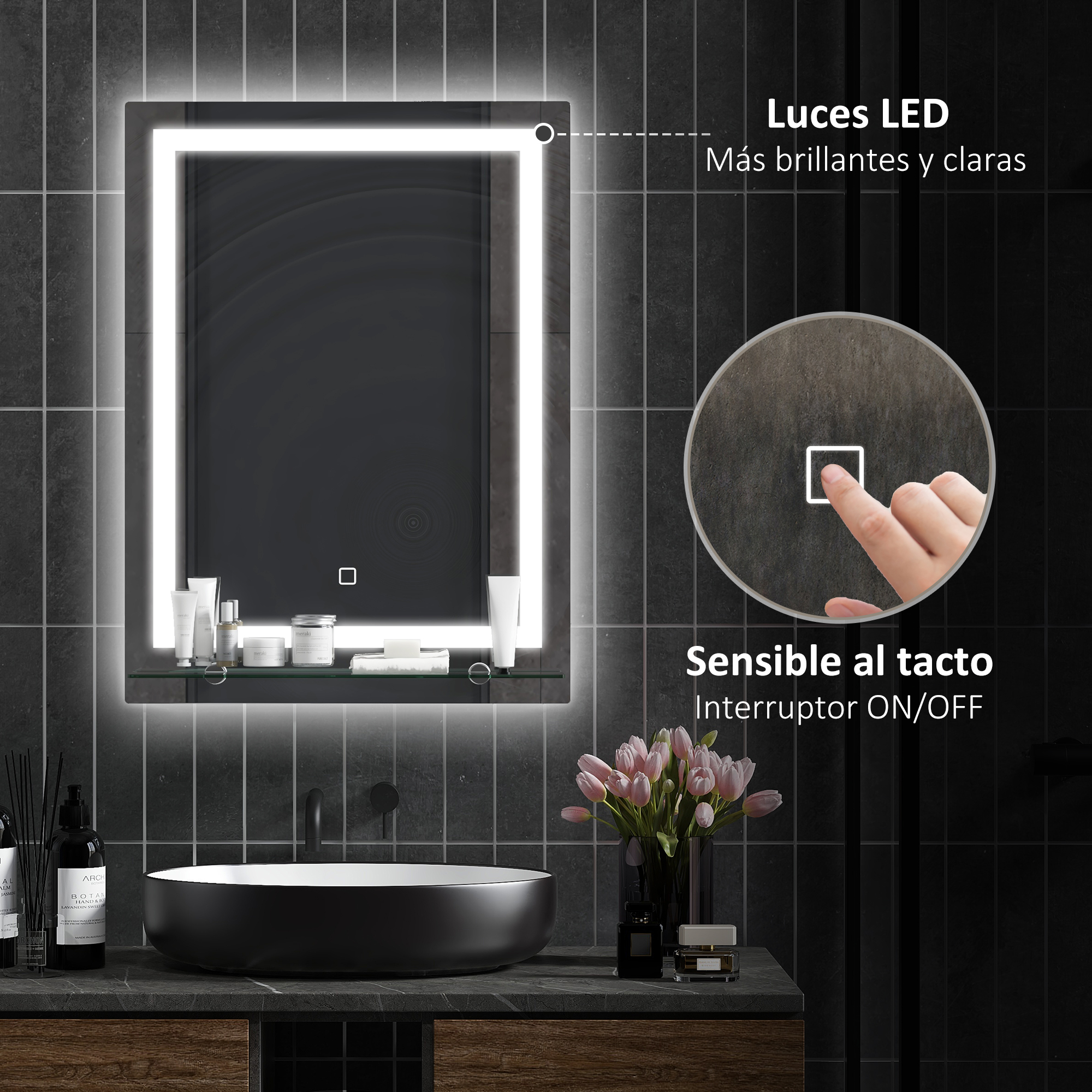 Espejo de baño iluminado con interruptor táctil sobre lavabo y pared de azulejos.
