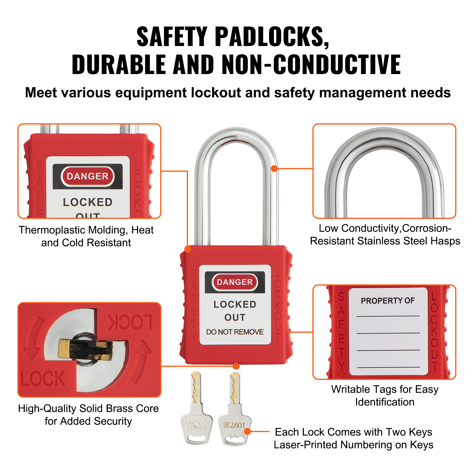 Candado de seguridad rojo con detalles de características como núcleo de latón, arco de acero inoxidable y etiquetas.