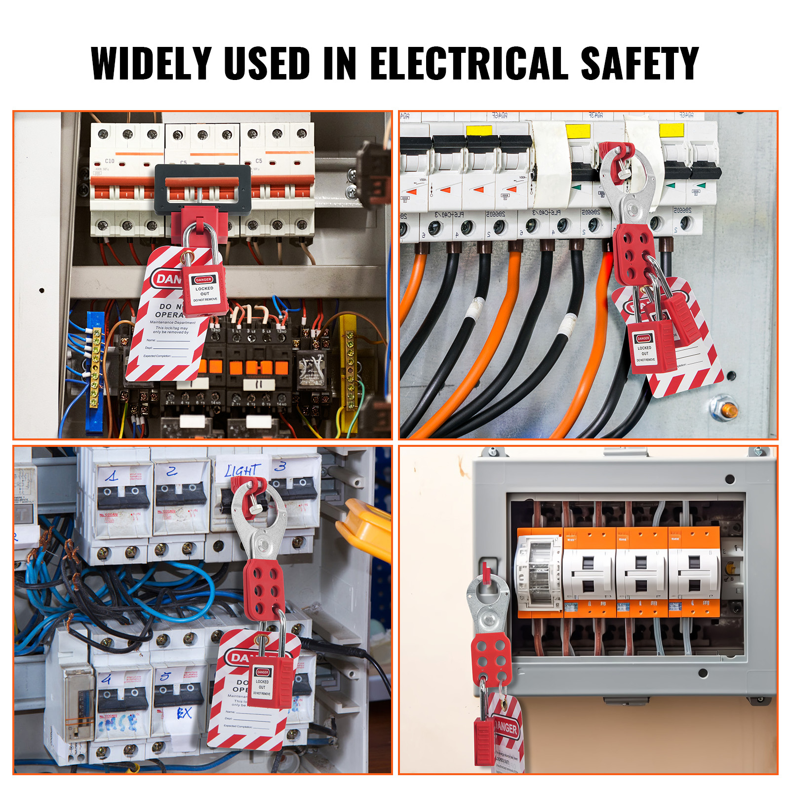 Cuatro imágenes muestran dispositivos de seguridad eléctrica, incluidos candados de bloqueo y etiquetas de advertencia.