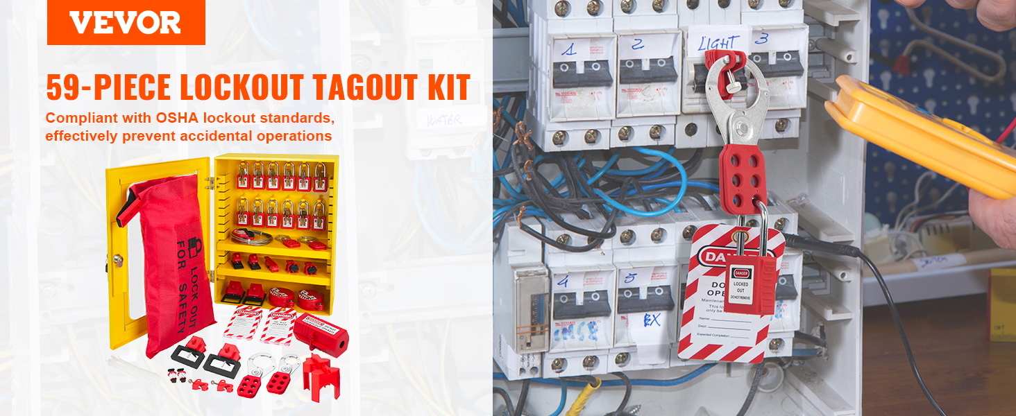 Kit de bloqueo y etiquetado de 59 piezas con gabinete amarillo, etiquetas de seguridad y candados en un panel eléctrico.
