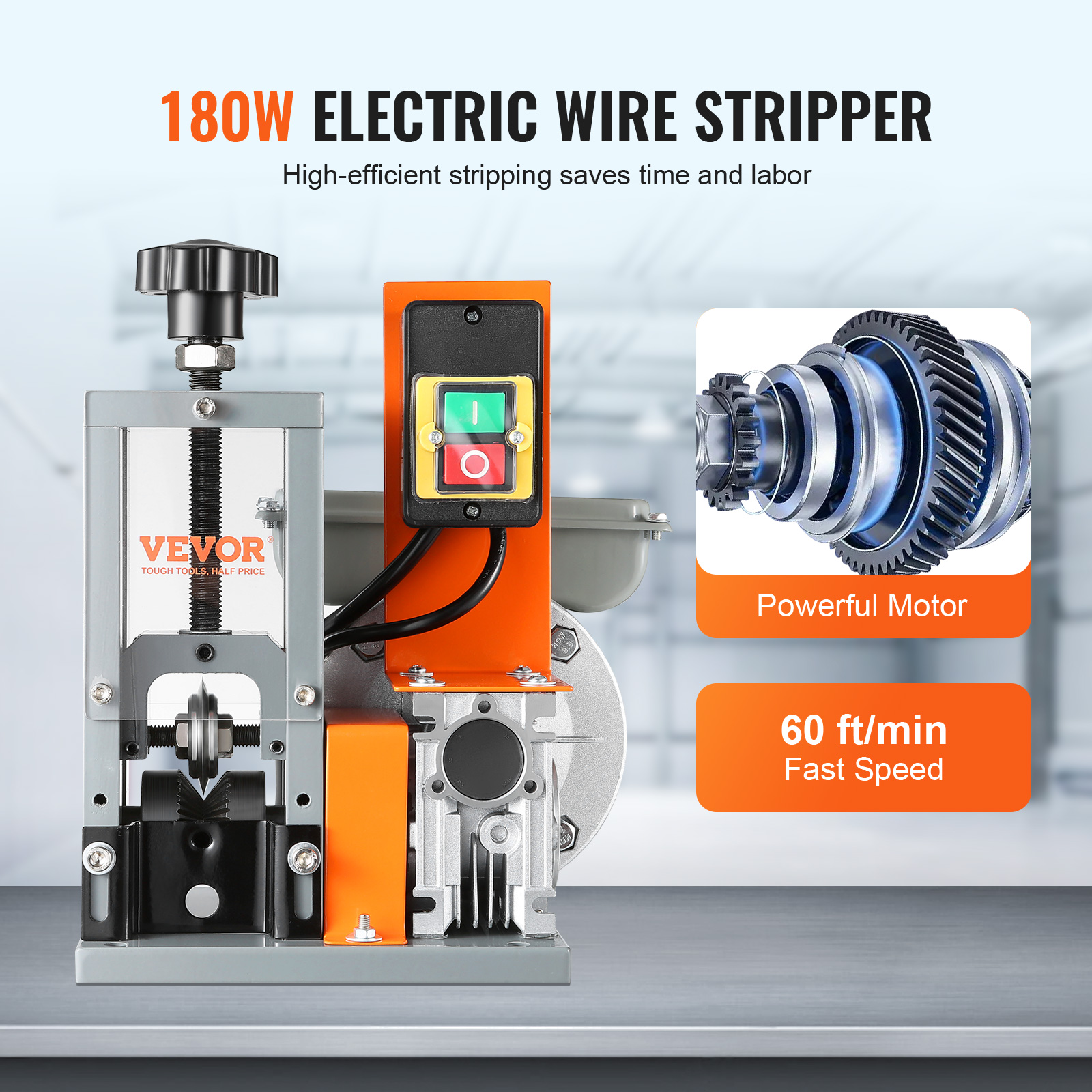 Pelacables eléctrico de 180W en gris y naranja con un engranaje y texto que destaca su potencia y velocidad.