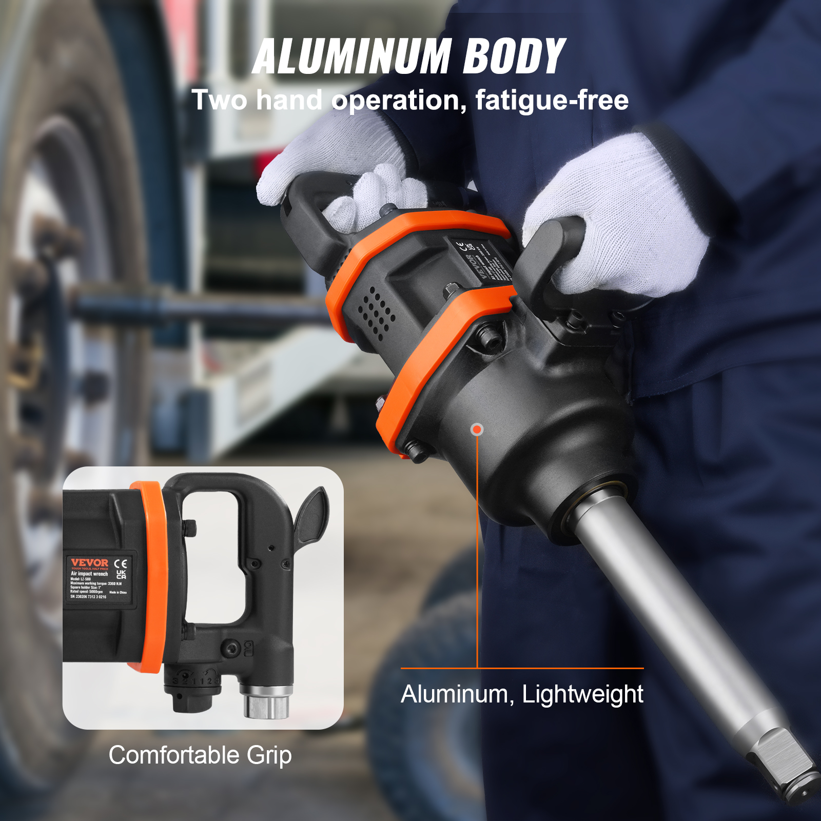 Un trabajador sostiene una llave de impacto neumática de aluminio ligera y un cómodo agarre.