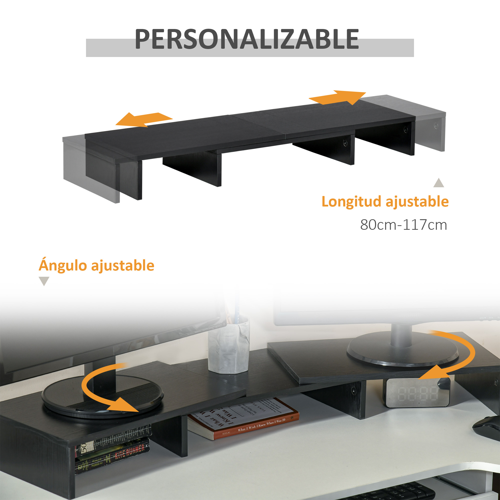 Soporte de monitor negro con longitud ajustable de 80-117 cm y ángulo ajustable.