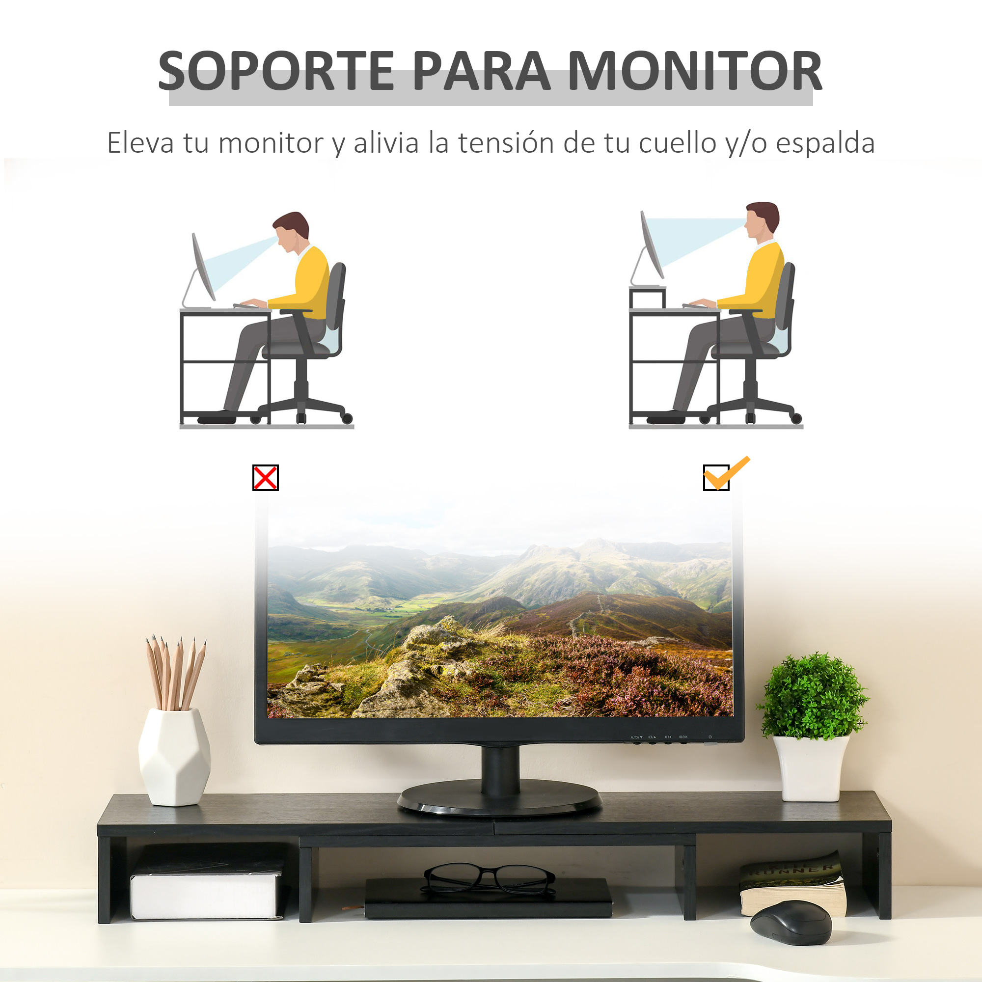 Una ilustración compara una postura buena y mala en el escritorio con un soporte para monitor.