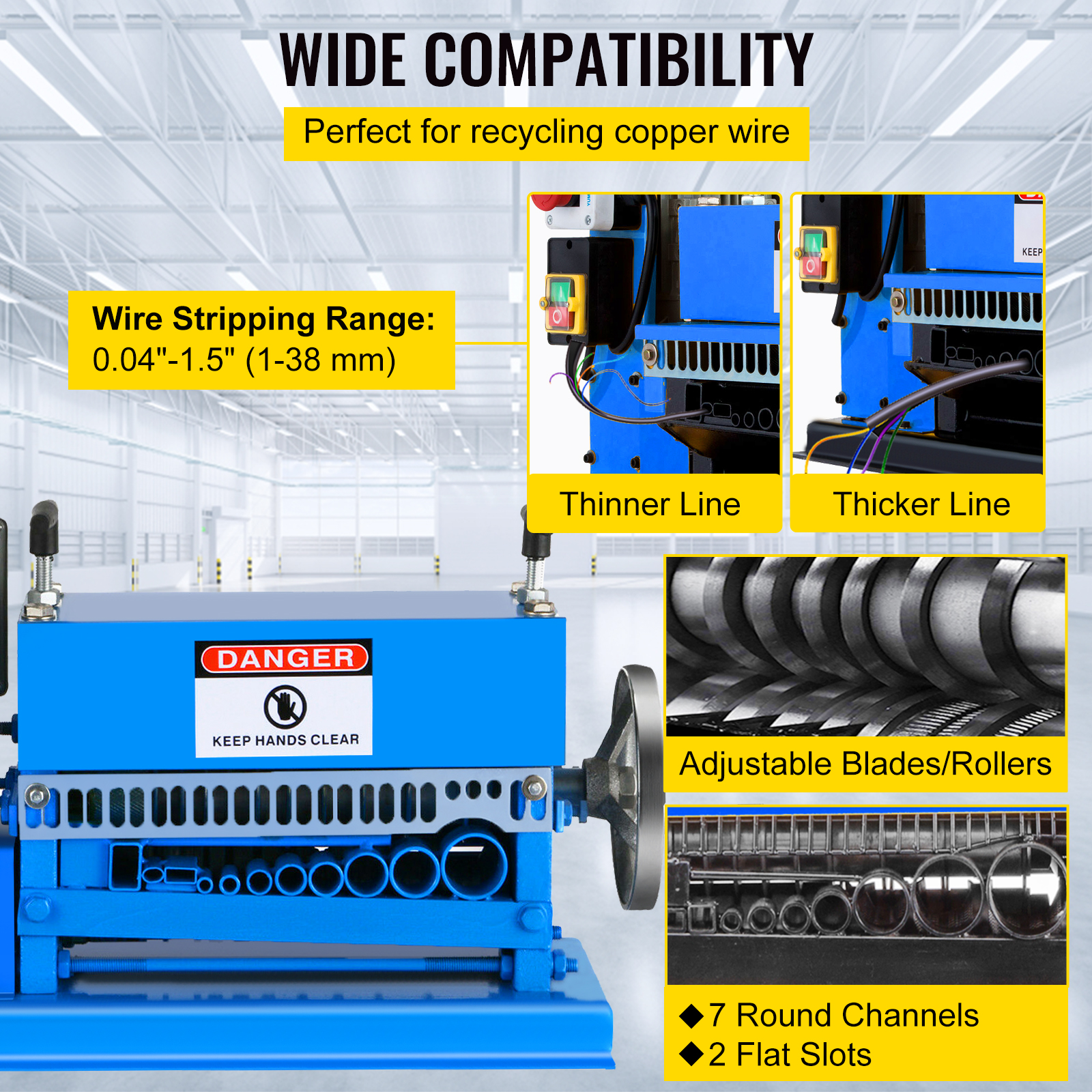 Máquina pelacables azul con amplia compatibilidad, cuchillas ajustables, 7 canales redondos y 2 ranuras planas.