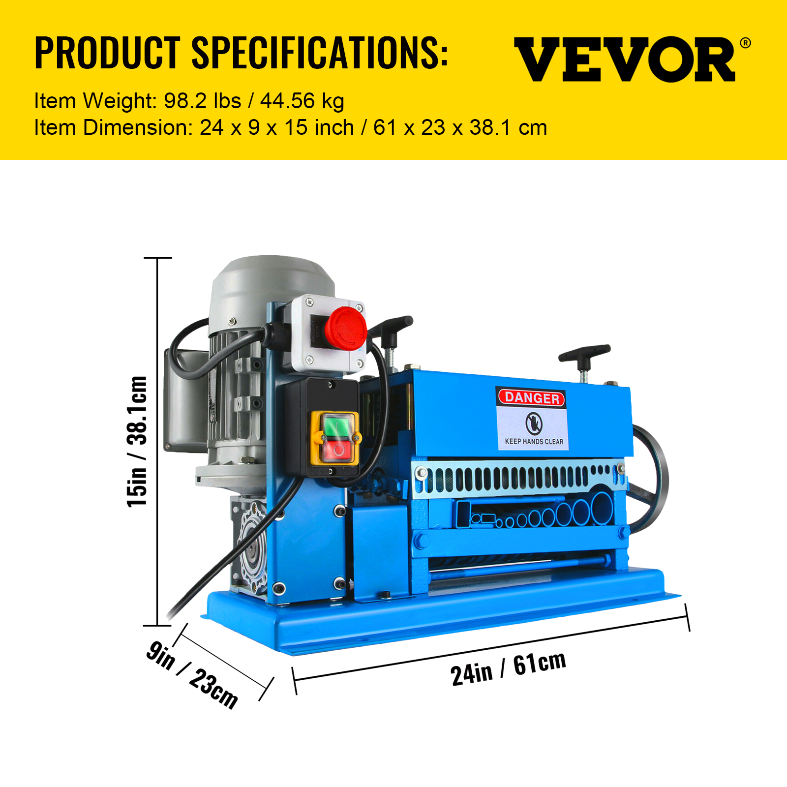 Pelacables azul Vevor con especificaciones y dimensiones sobre fondo amarillo.