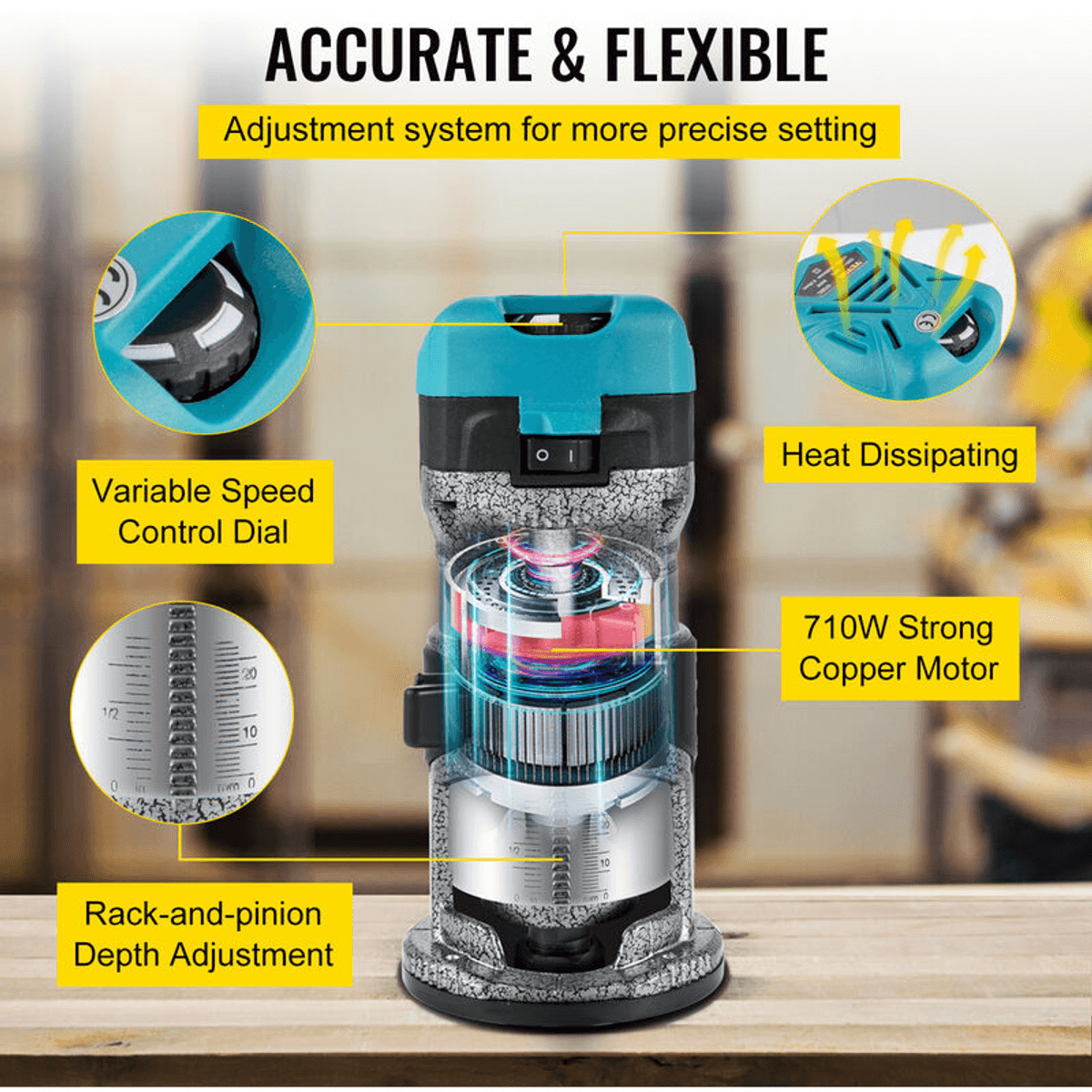 Diagrama de una fresadora de madera azul con motor de cobre de 710W, control de velocidad y ajuste de profundidad.