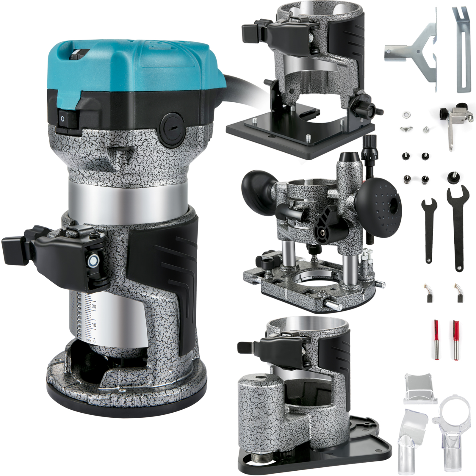 Fresadora eléctrica compacta con parte superior azul, tres bases intercambiables y varios accesorios.