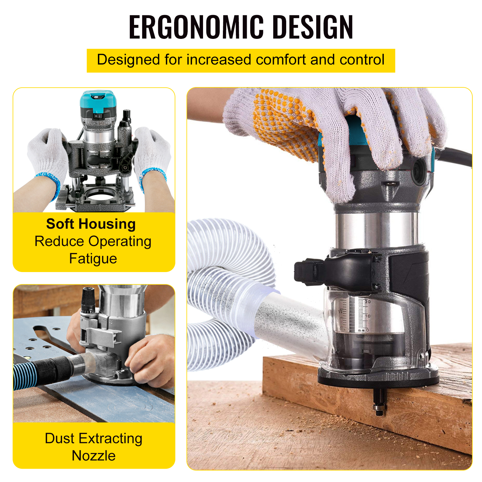 Trabajar en superficies de madera con una fresadora ergonómica, mientras una manguera extrae el polvo.