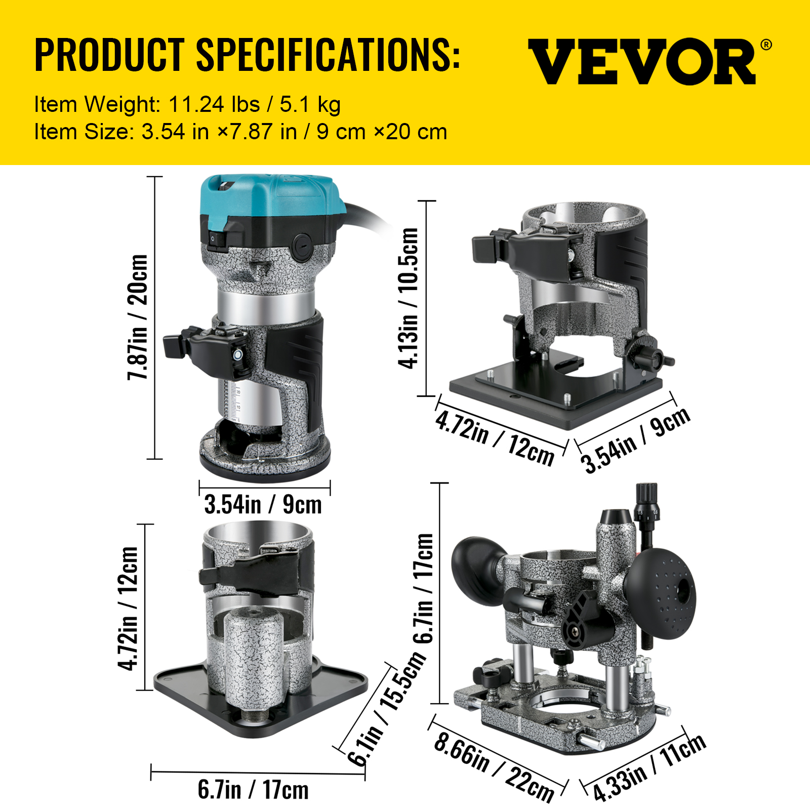 Especificaciones del producto que muestran una fresadora Vevor con detalles de peso, tamaño y dimensiones.