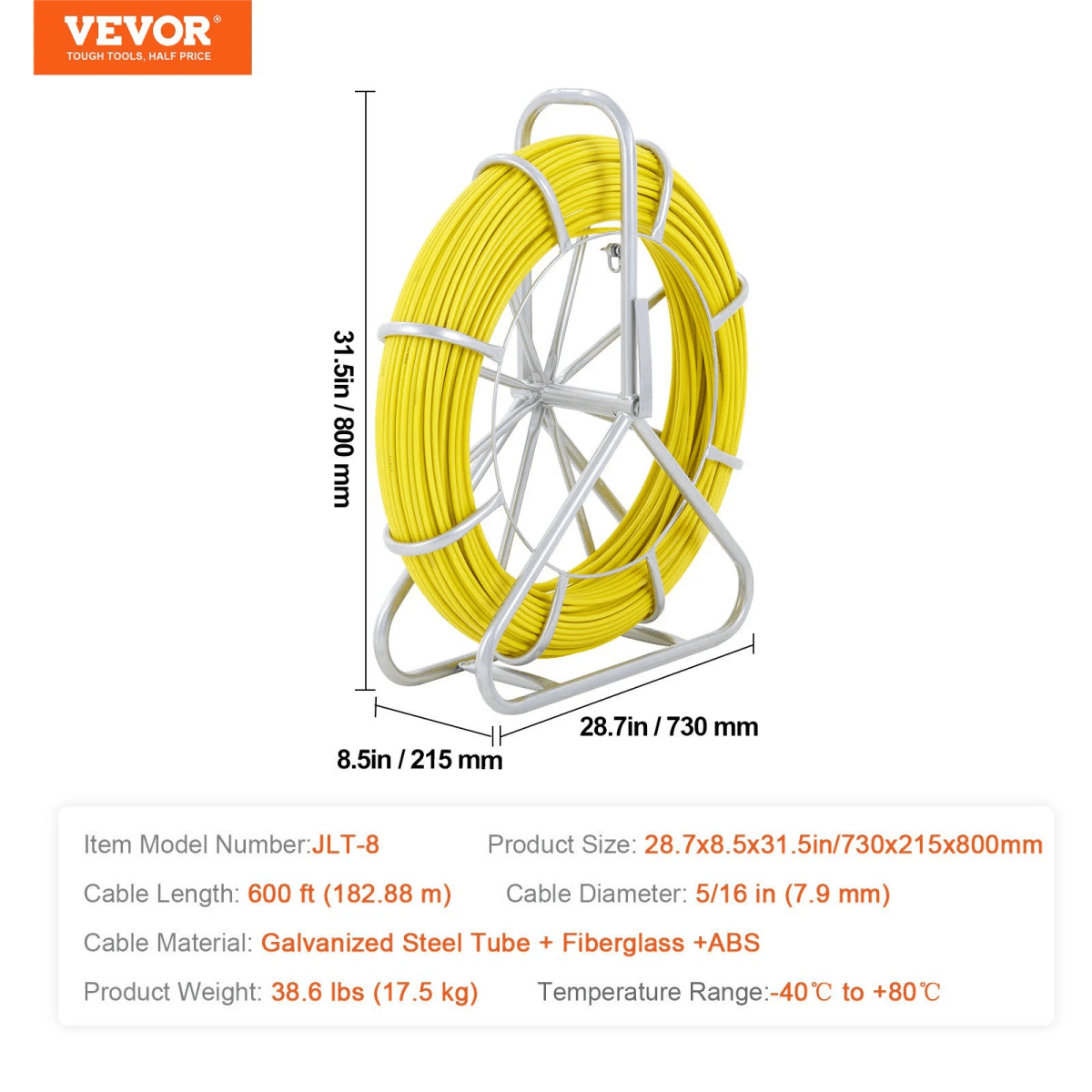 Cable de fibra óptica amarillo enrollado en un soporte metálico gris con medidas y especificaciones técnicas.
