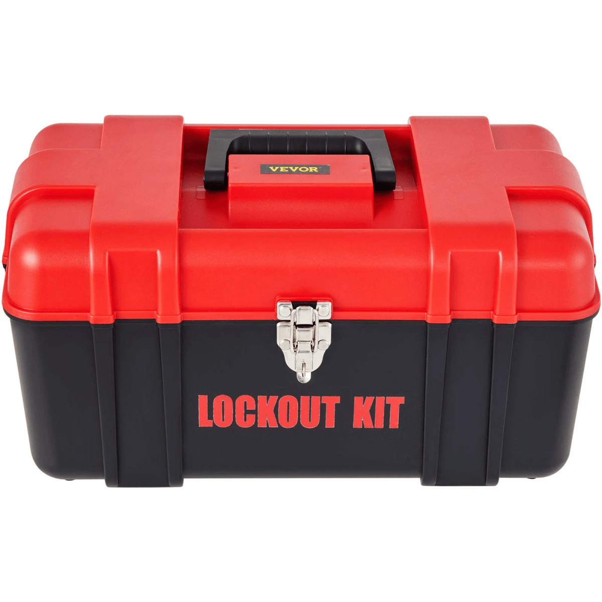 Una caja de kit de bloqueo de plástico rojo y negro con el texto LOCKOUT KIT y un pestillo metálico.