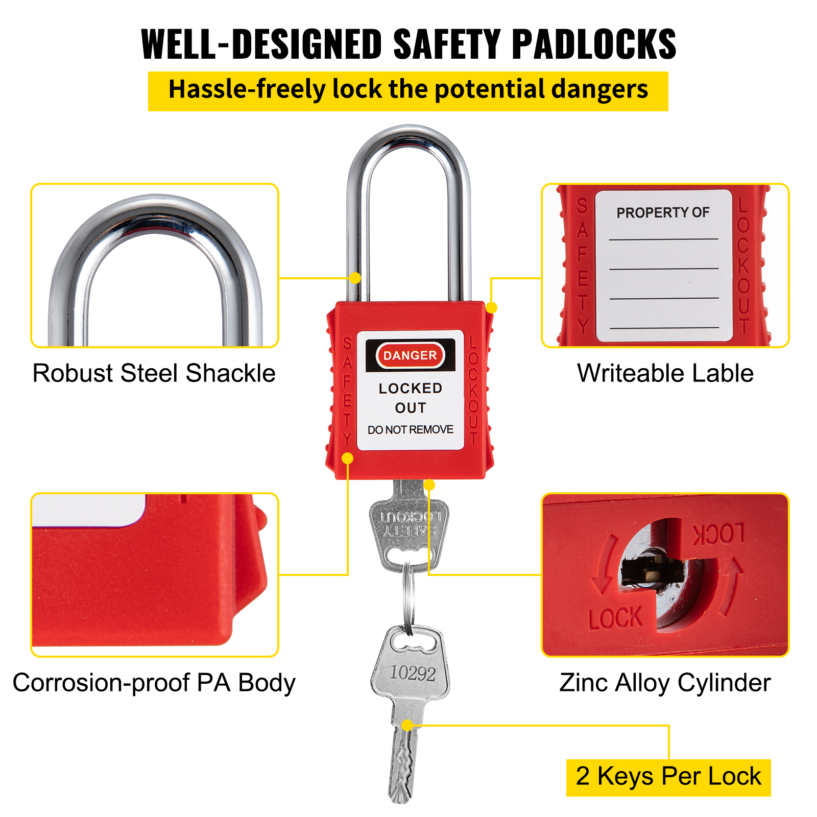 Diagrama de un candado de seguridad rojo con arco de acero y llaves.