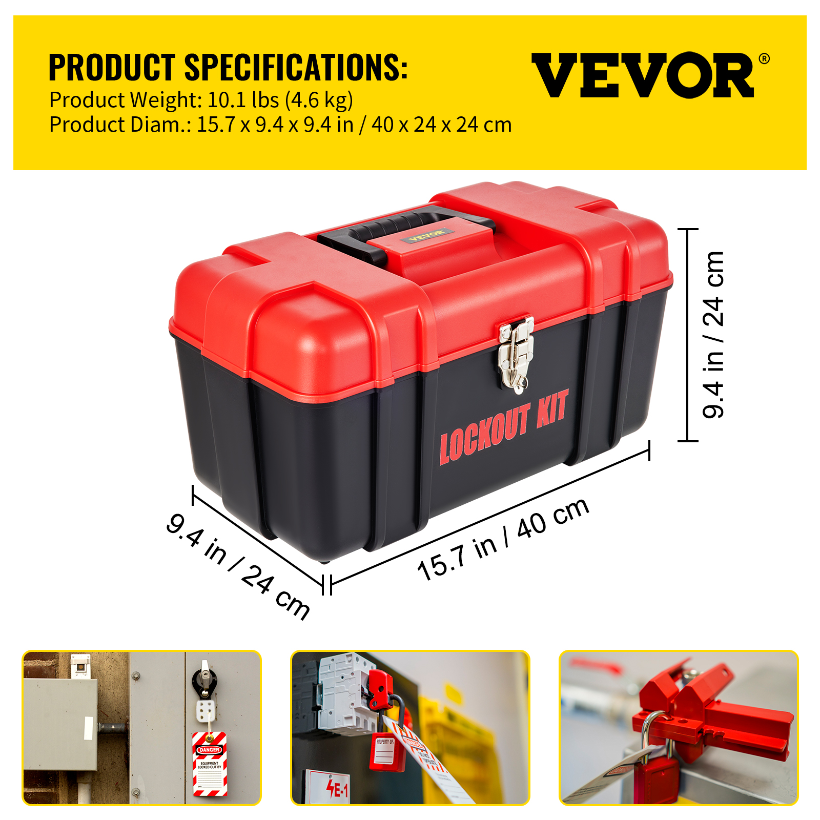 Caja de herramientas VEVOR roja y negra con dimensiones y ejemplos de uso abajo.