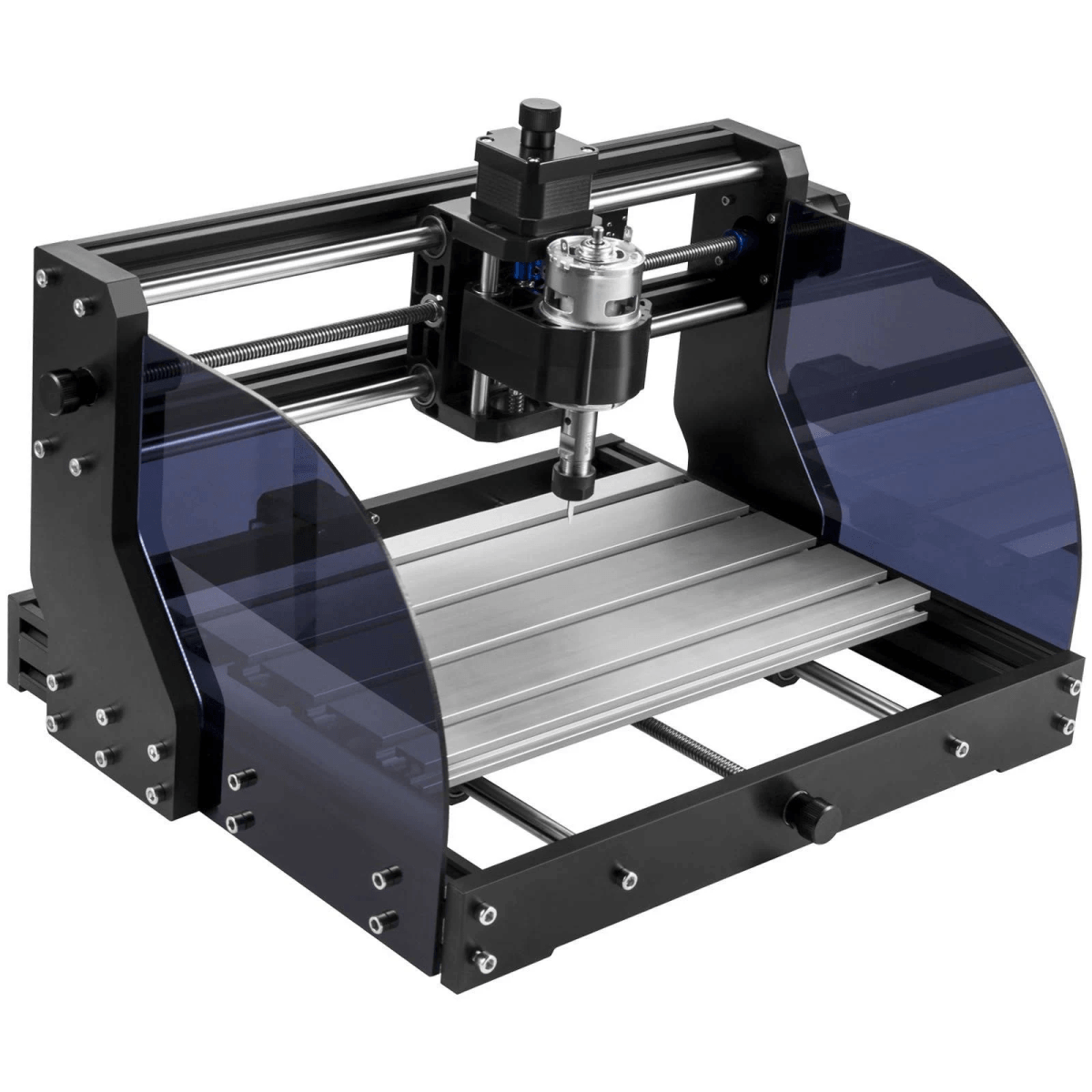 Una pequeña máquina de fresado CNC negra con una mesa de trabajo plateada y protectores azules.