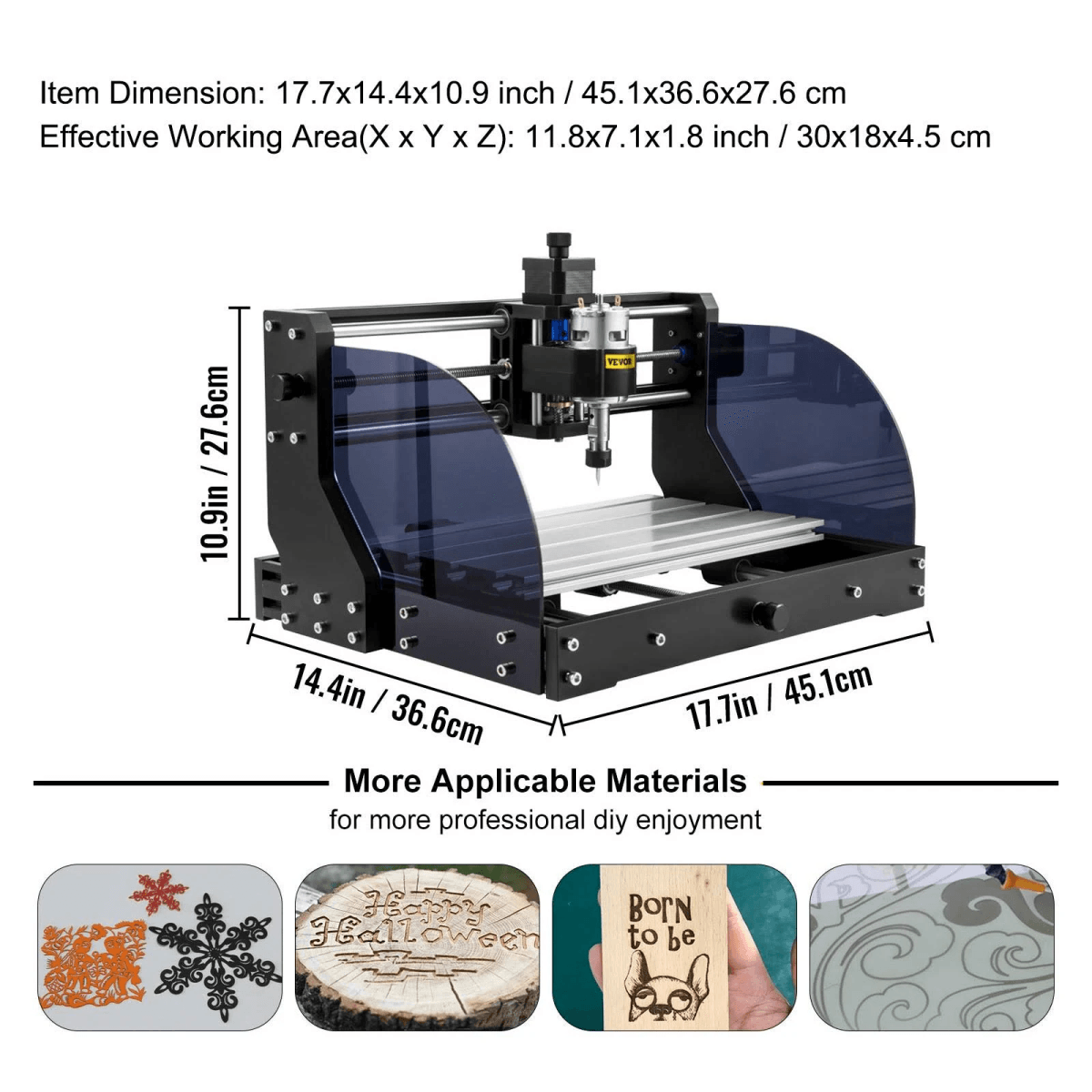 Máquina de grabado CNC con dimensiones y ejemplos de materiales trabajados.