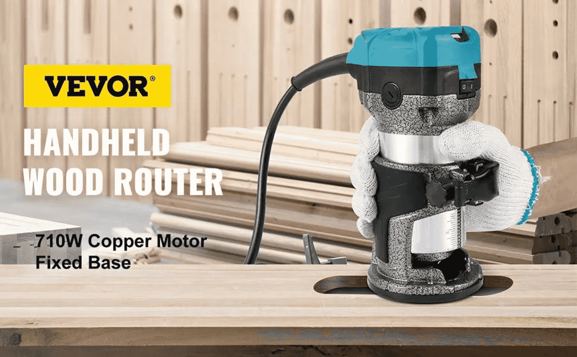 Enrutadora de madera manual con parte superior azul y cuerpo gris sobre una tabla de madera.