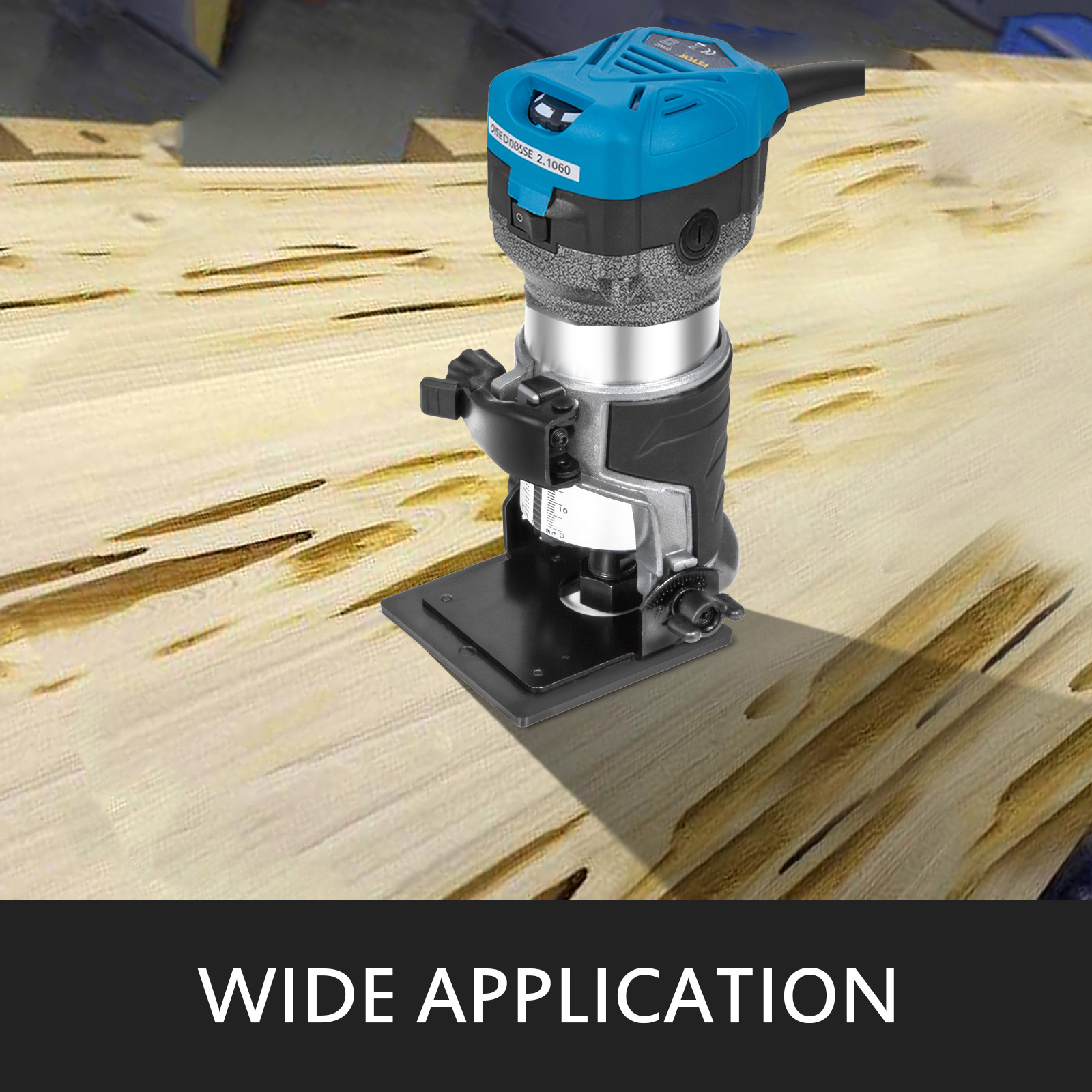 Una tupí para madera azul y negra sobre una superficie de madera con el texto WIDE APPLICATION.
