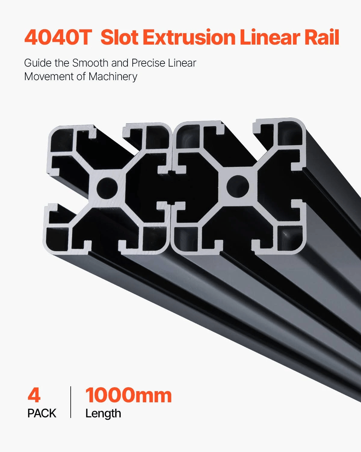 Imagen de producto de cuatro rieles de extrusión de aluminio negro 4040T, de 1000 mm de largo.