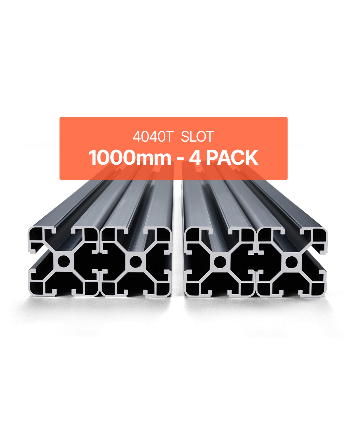 Cuatro perfiles de aluminio de ranura 4040T, de 1000 mm de largo, bajo una pancarta naranja.
