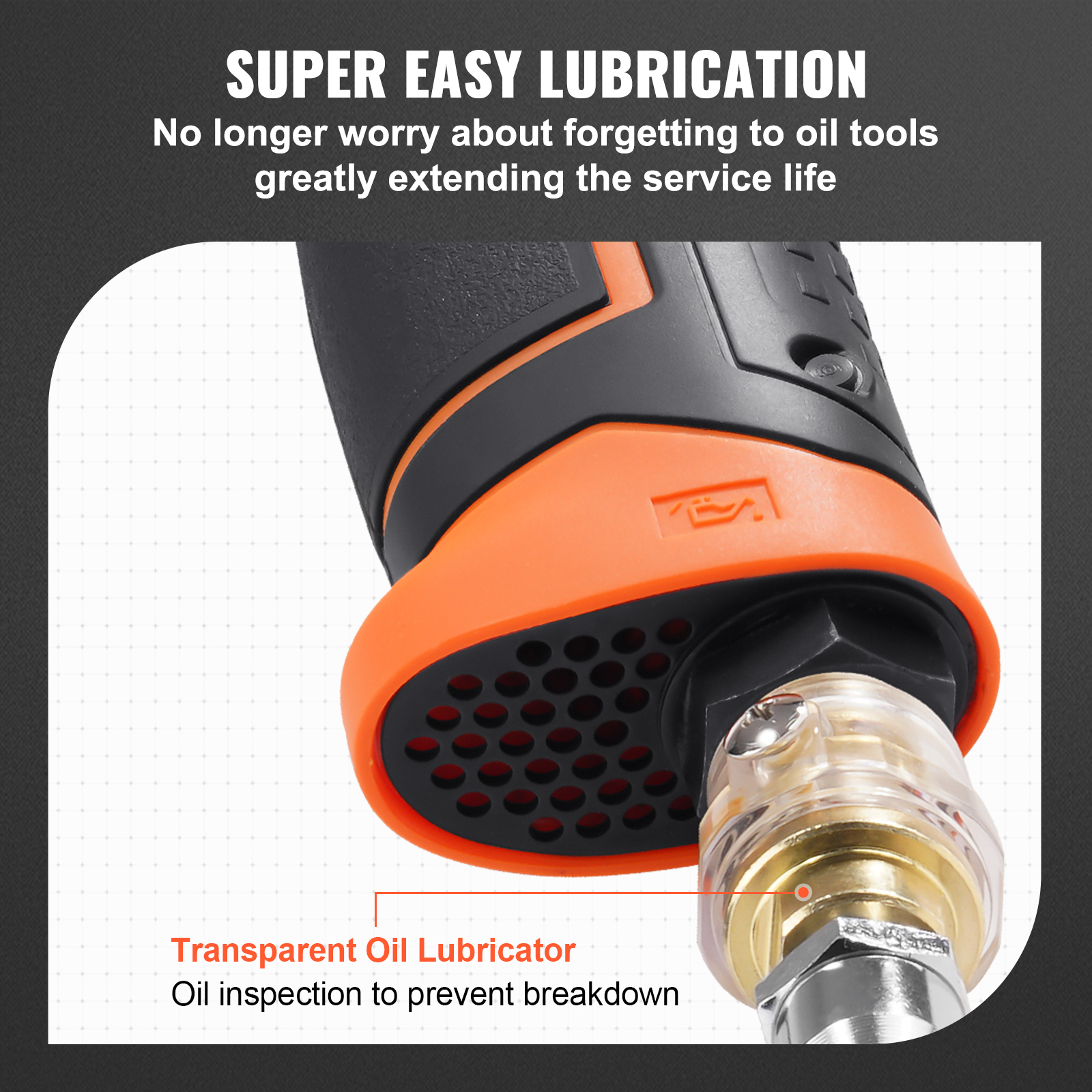 Primer plano de una herramienta con lubricante transparente, diseño naranja y negro, y texto de lubricación.