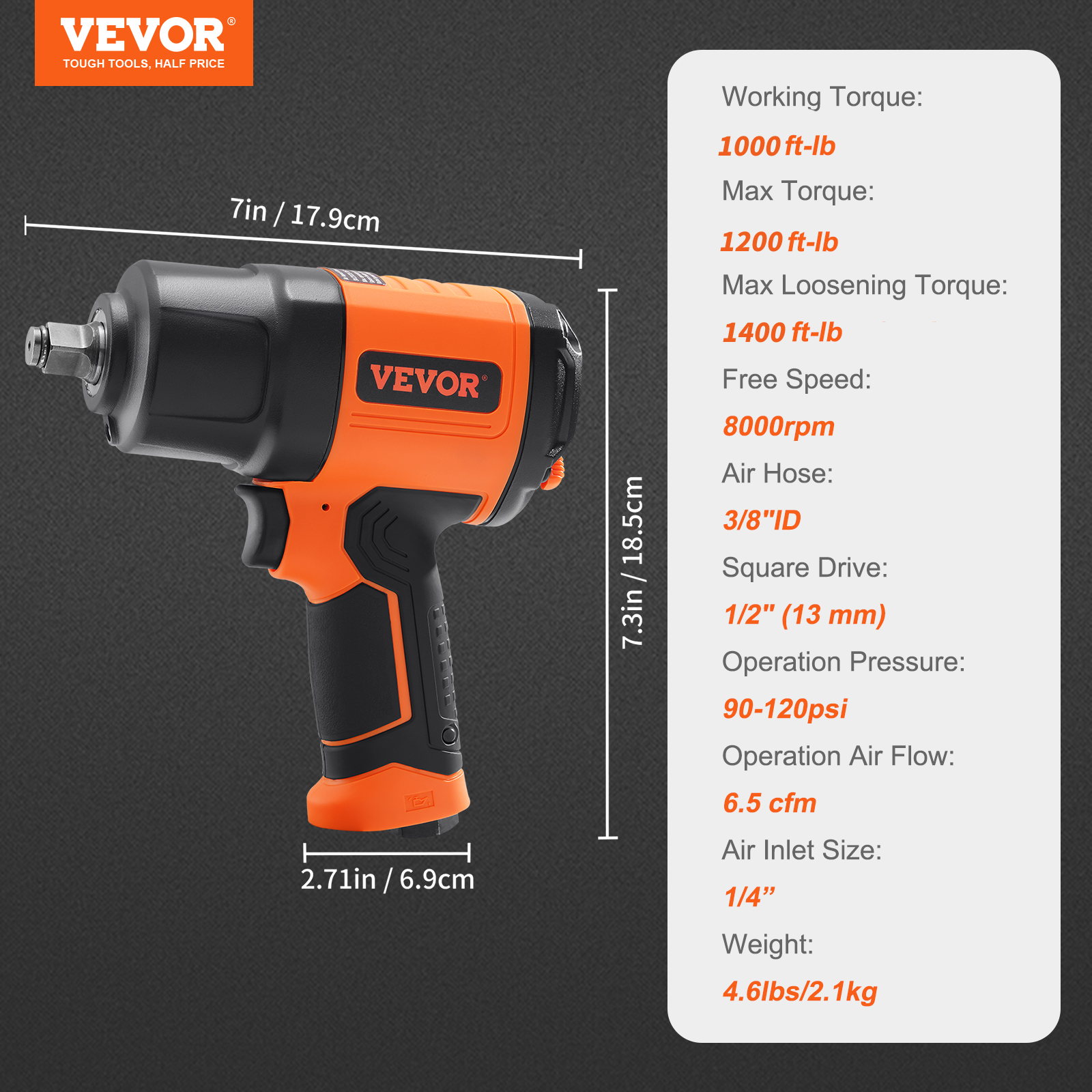 Llave de impacto naranja y negra con cotas y especificaciones técnicas.