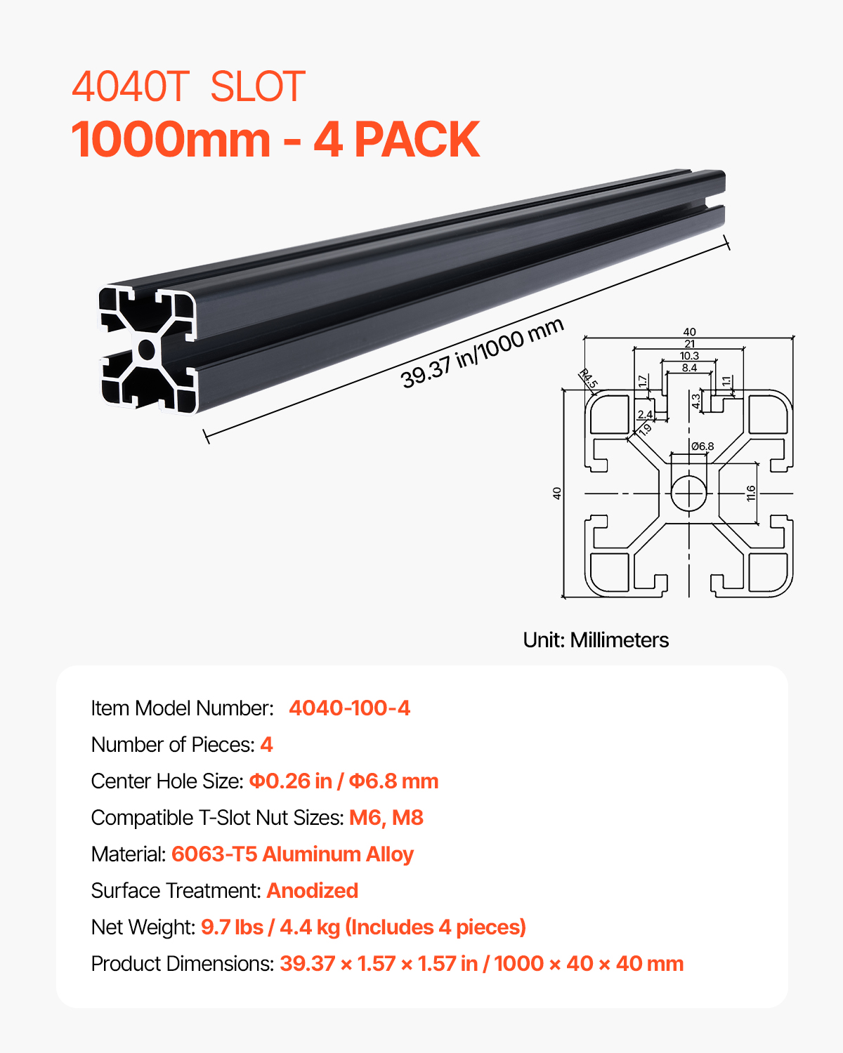 Dibujo técnico y detalles del producto para perfil de aluminio 4040T.