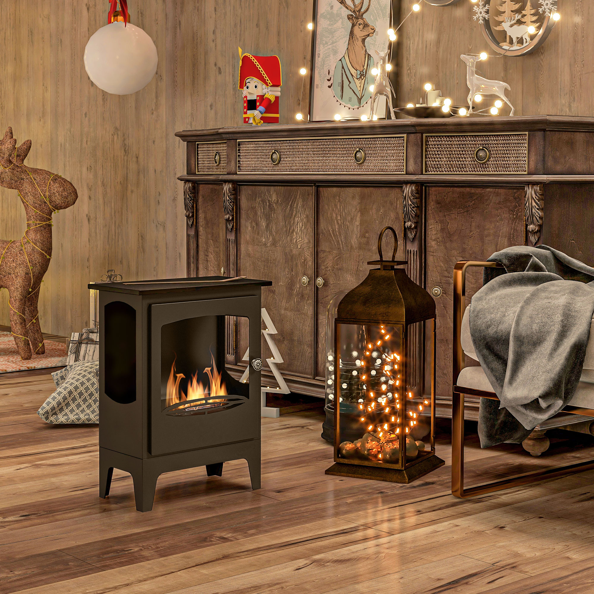 Habitación de madera con chimenea, cascanueces, linterna iluminada, muebles de madera y decoración navideña.