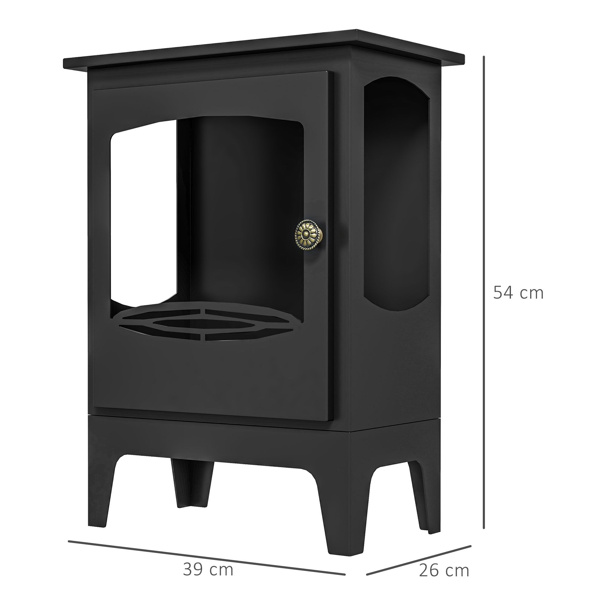 Un armario de chimenea negro con dimensiones de 54 cm de alto, 39 cm de ancho y 26 cm de profundidad.