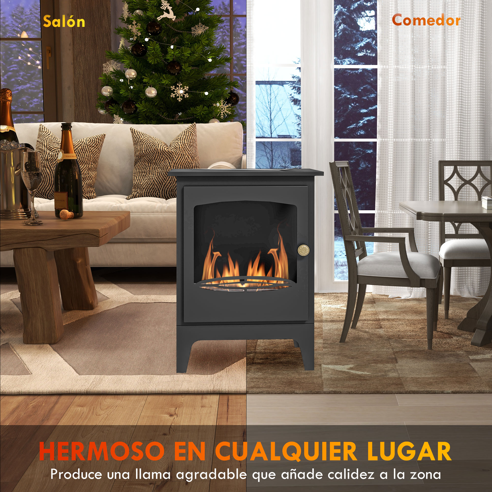 Una chimenea negra con llamas se encuentra entre una sala de estar y un comedor.