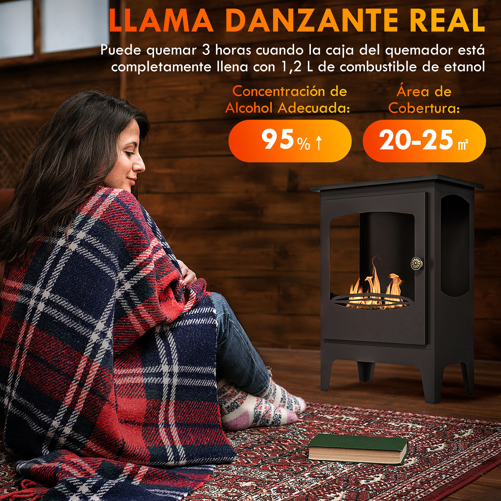 Una mujer envuelta en una manta a cuadros se sienta junto a una pequeña chimenea en una habitación con texto.