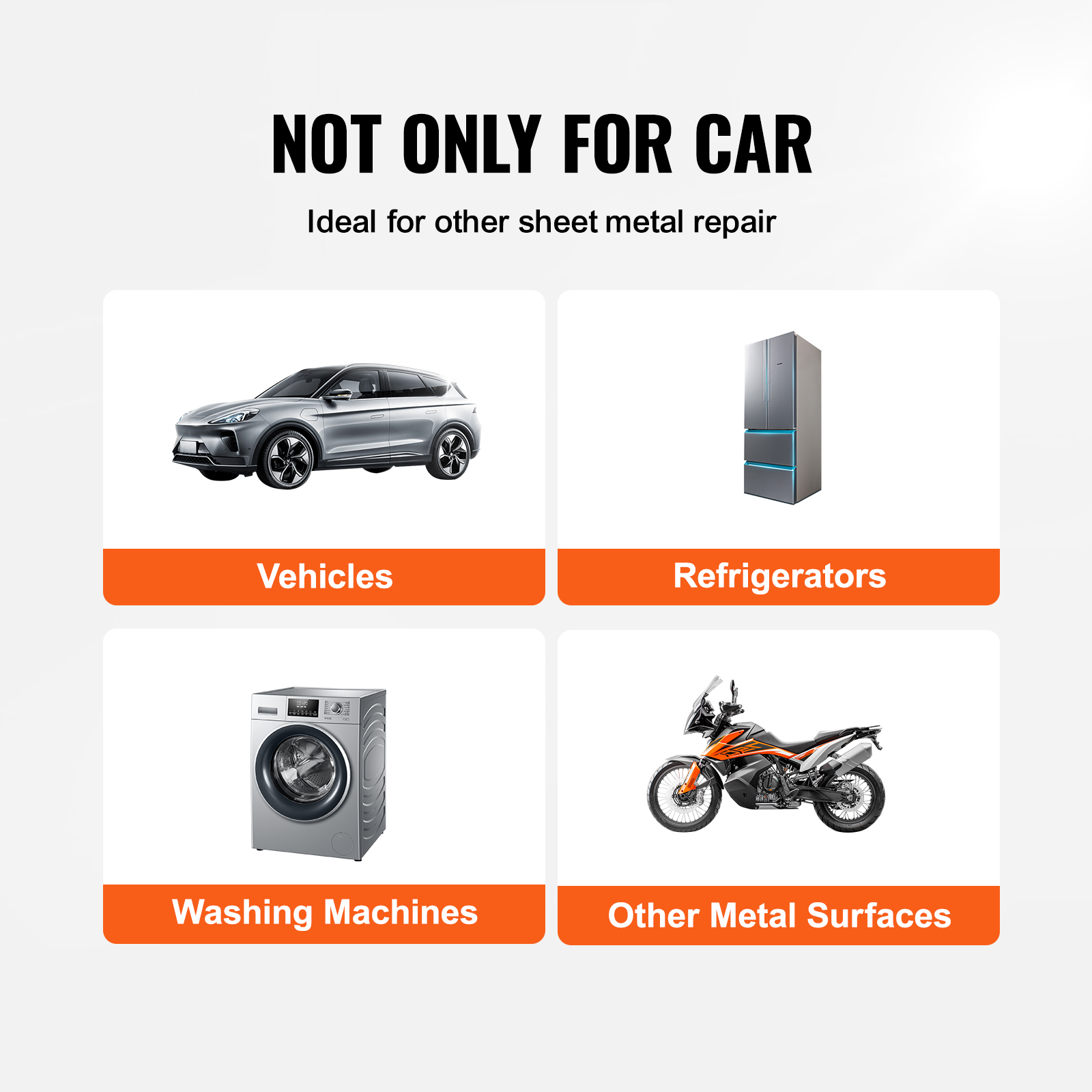 Una imagen informativa que muestra aplicaciones para reparación de chapa: vehículos, refrigeradores, lavadoras y motos.