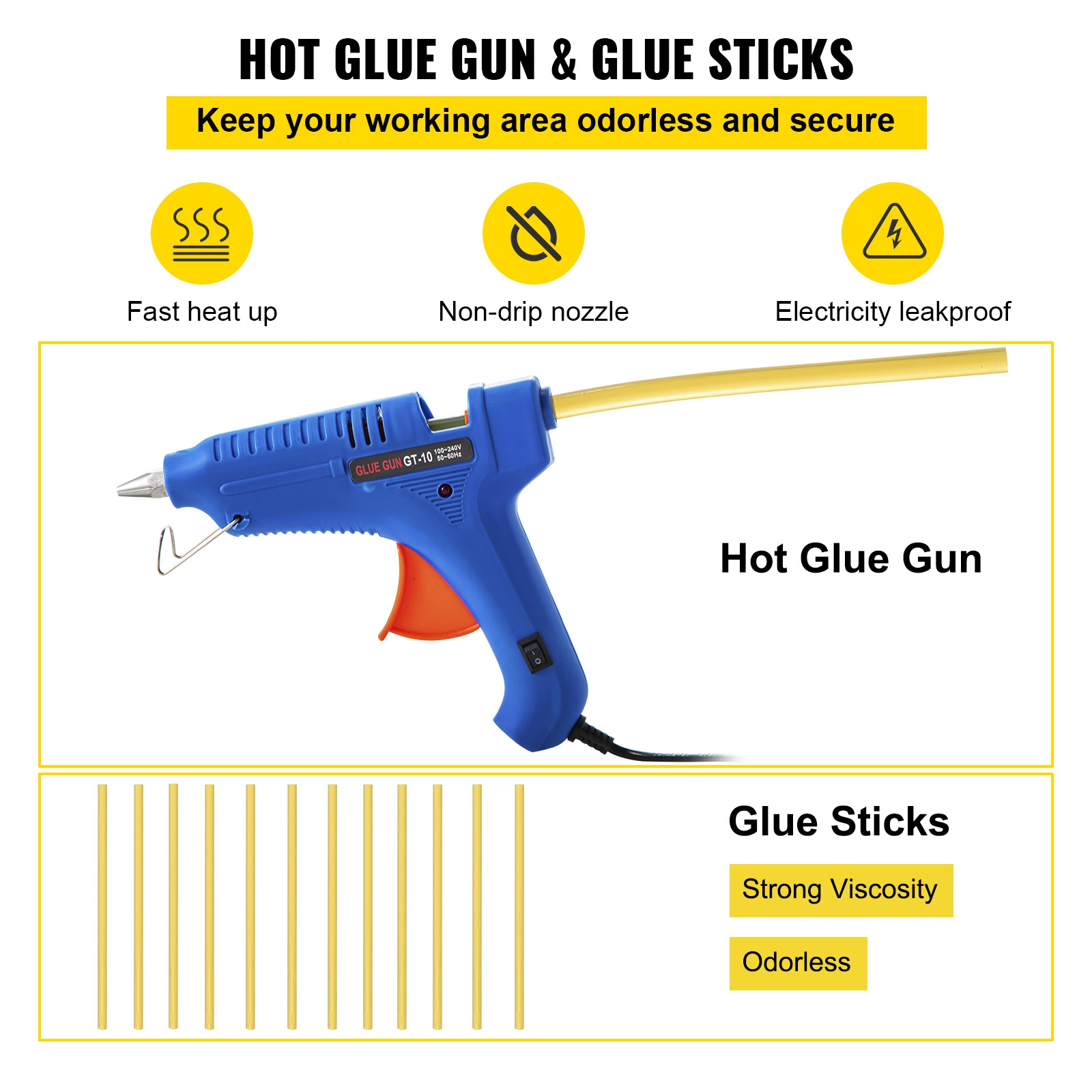 Pistola de pegamento caliente azul con barras amarillas e iconos en fondo amarillo.