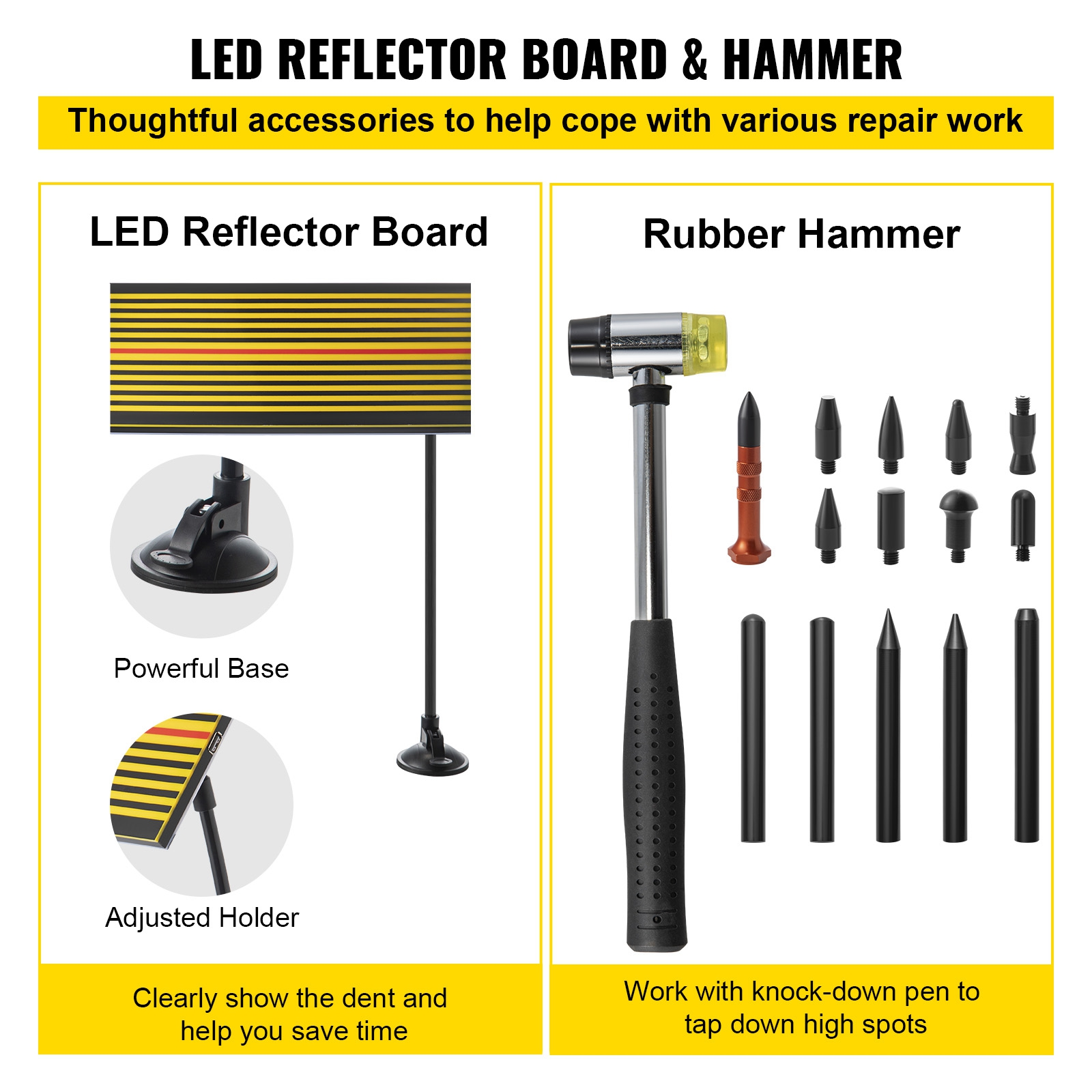 Tablero reflector LED y martillo de goma con accesorios de reparación.