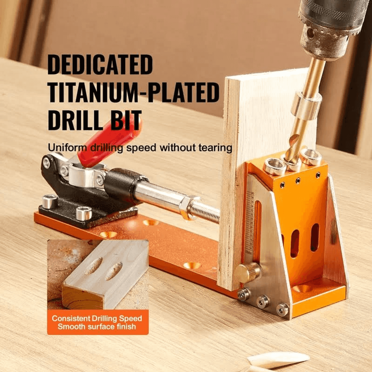 Una plantilla de agujeros de bolsillo naranja sujeta a una tabla de madera con un taladro.