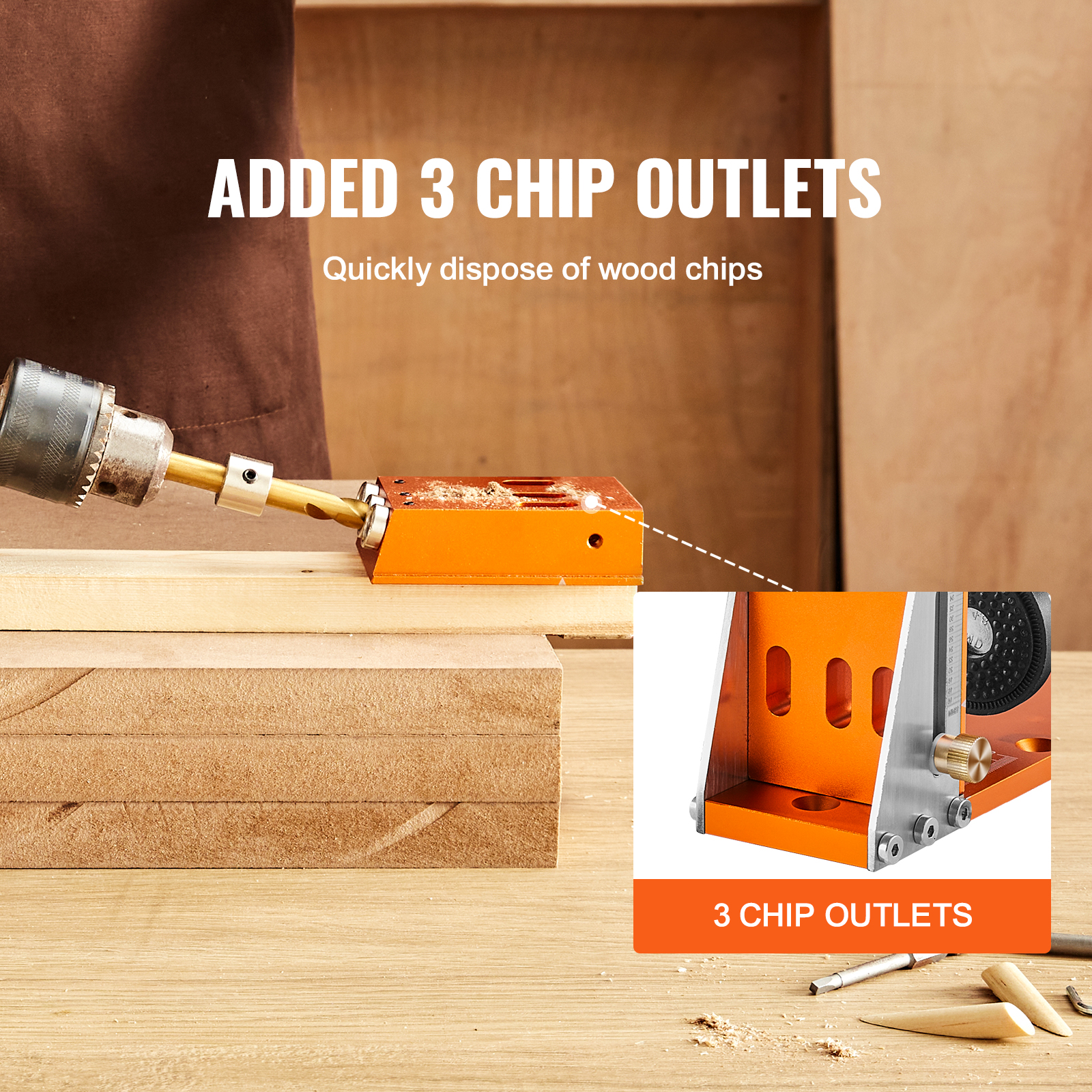 Una plantilla para agujeros de bolsillo naranja con tres salidas de viruta usada en madera.
