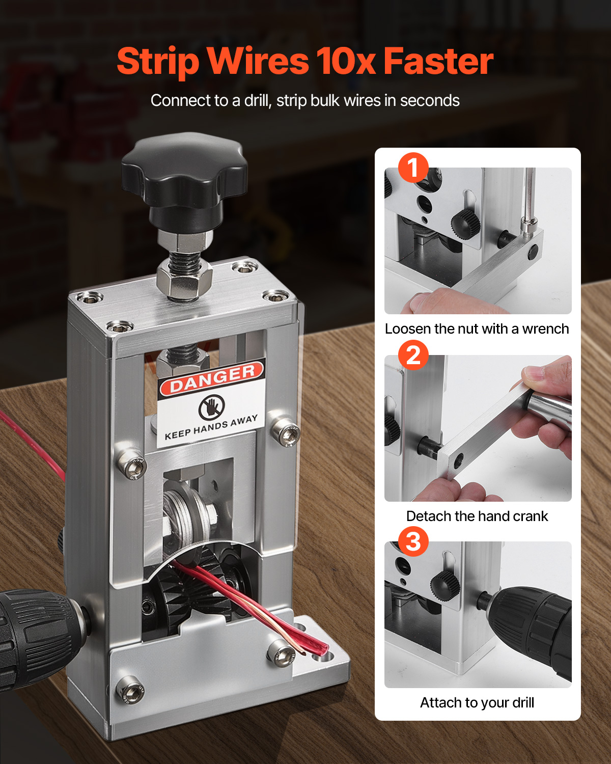 Una herramienta pelacables de plata con accesorio para taladro e instrucciones de tres pasos en una mesa.