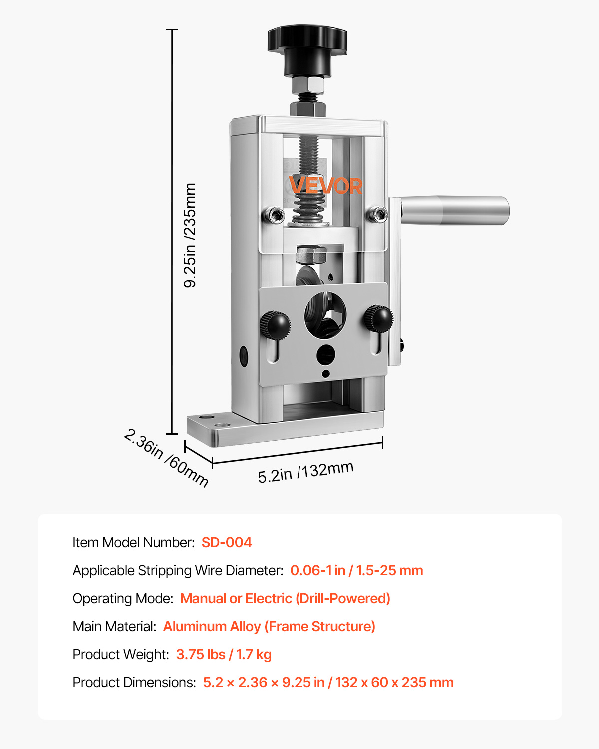 Máquina pelacables de metal con medidas y especificaciones del producto.