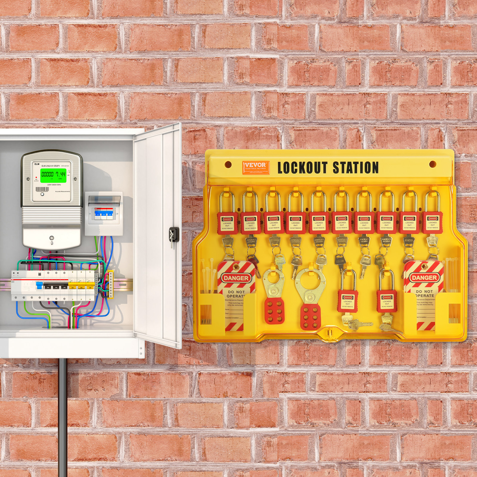 Caja eléctrica abierta con medidor y cables junto a una estación de bloqueo amarilla con candados rojos en una pared de ladrillo.